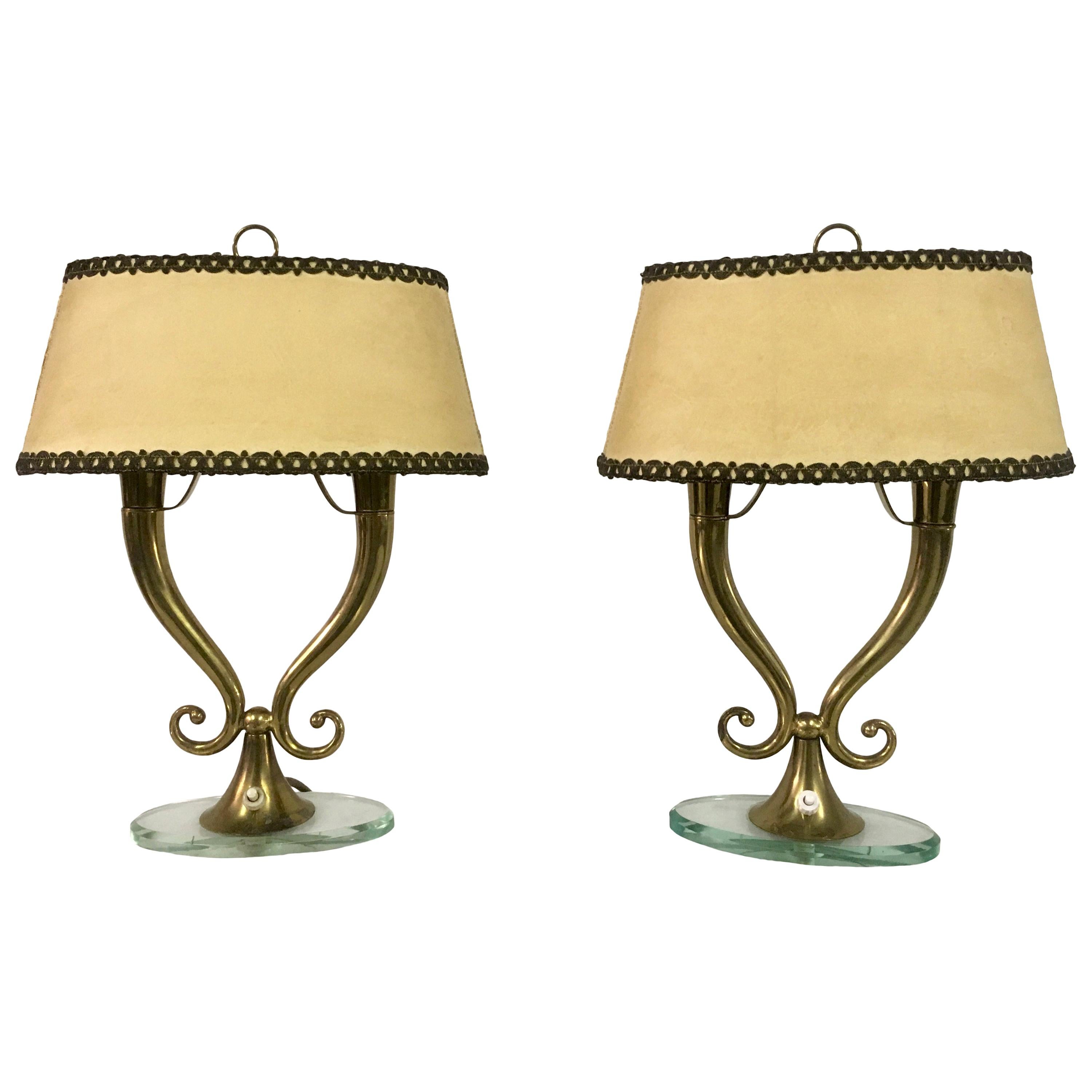 Vintage Pair of 1950s Italian Brass and Glass Table Lamps