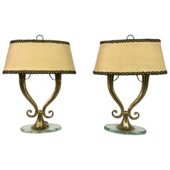 Vintage Pair of 1950s Italian Brass and Glass Table Lamps