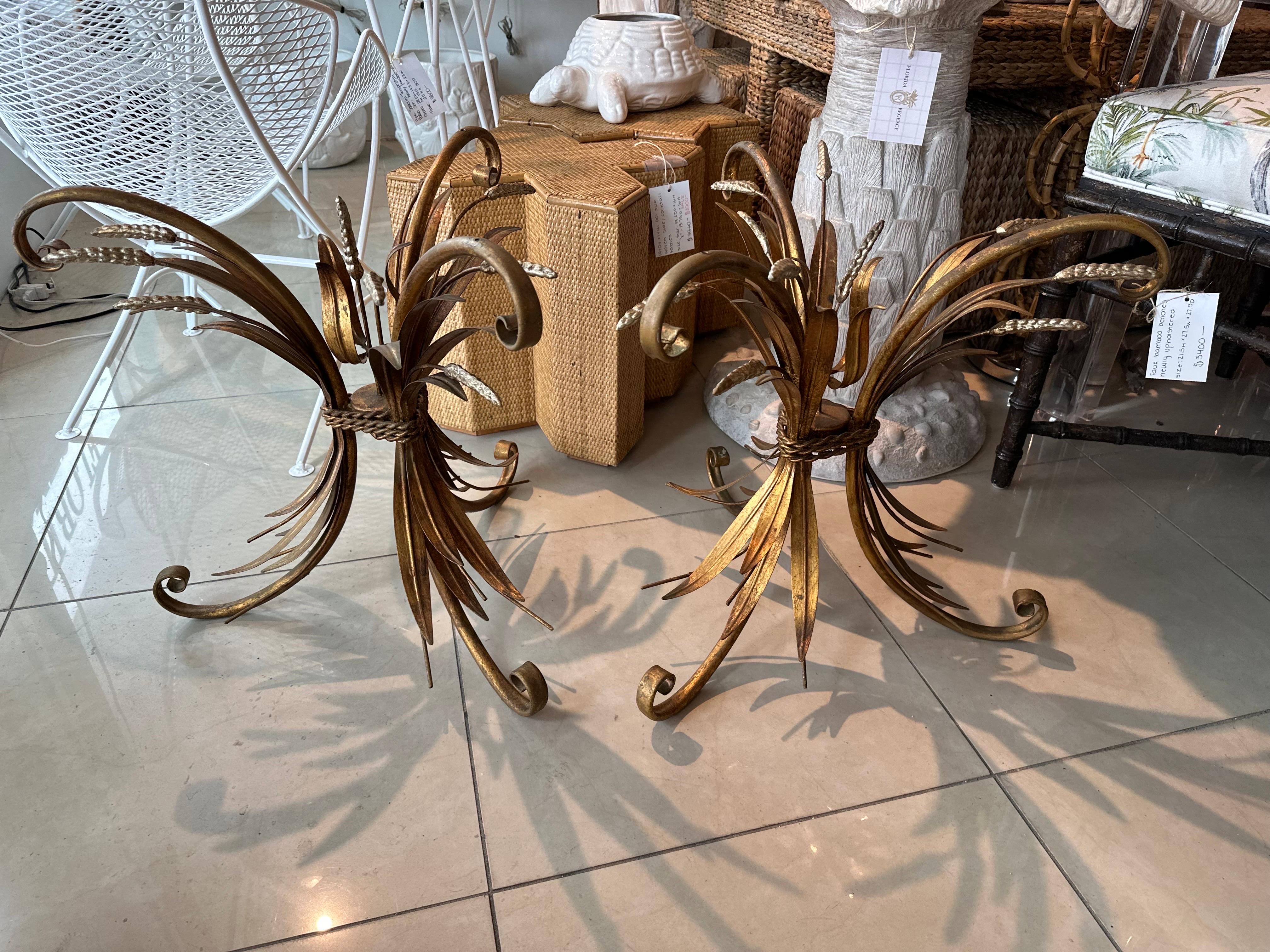 Lovely pair of vintage Italian metal tole gold gilt side, end or coffee tables. Can be used as either. Original patina. Does not include glass top. Dimensions: 20 H x 20 D. 