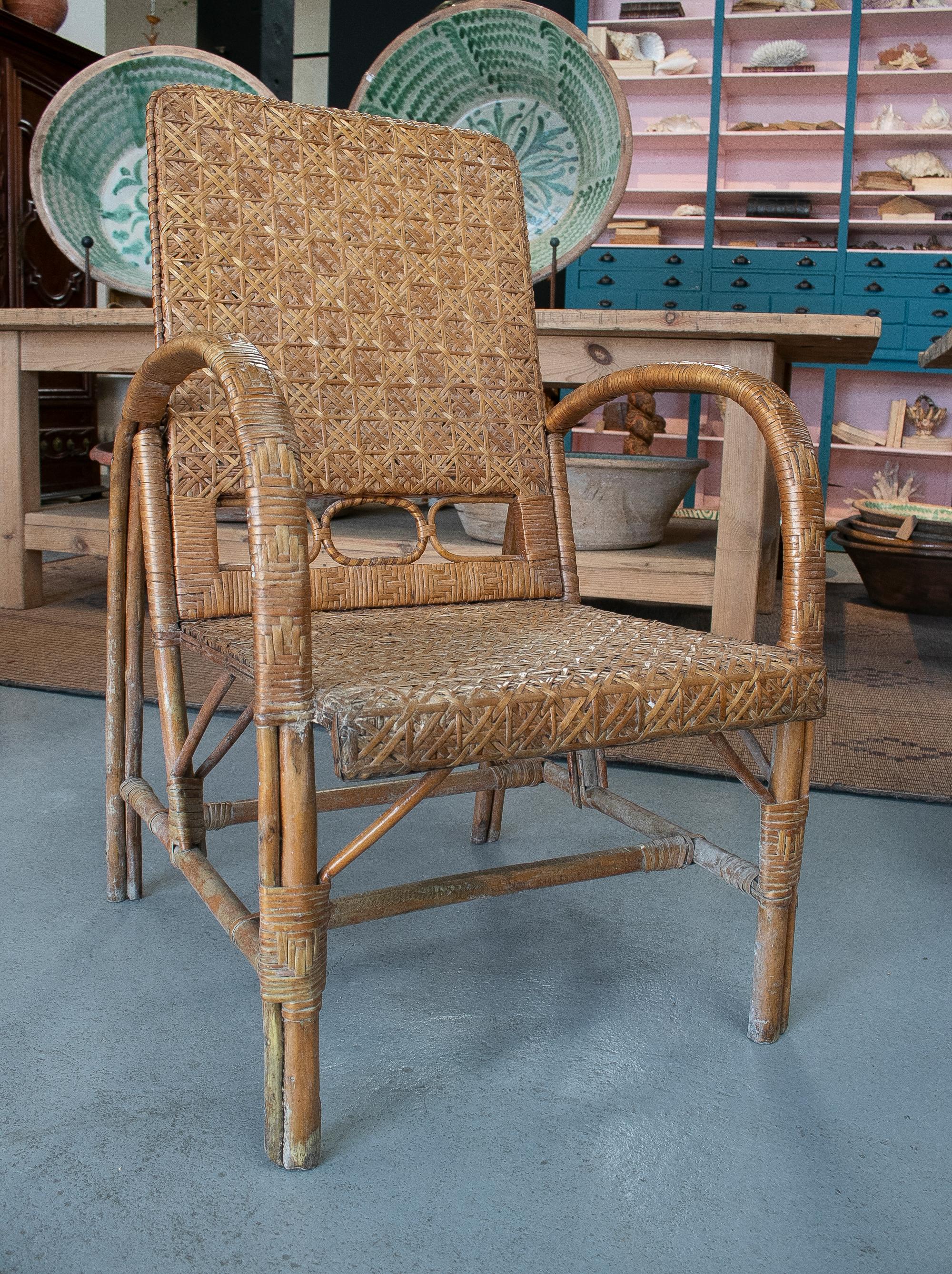 Vintage Pair of 1950s Spanish Hand Woven Wicker on Wood Armchairs For Sale 6