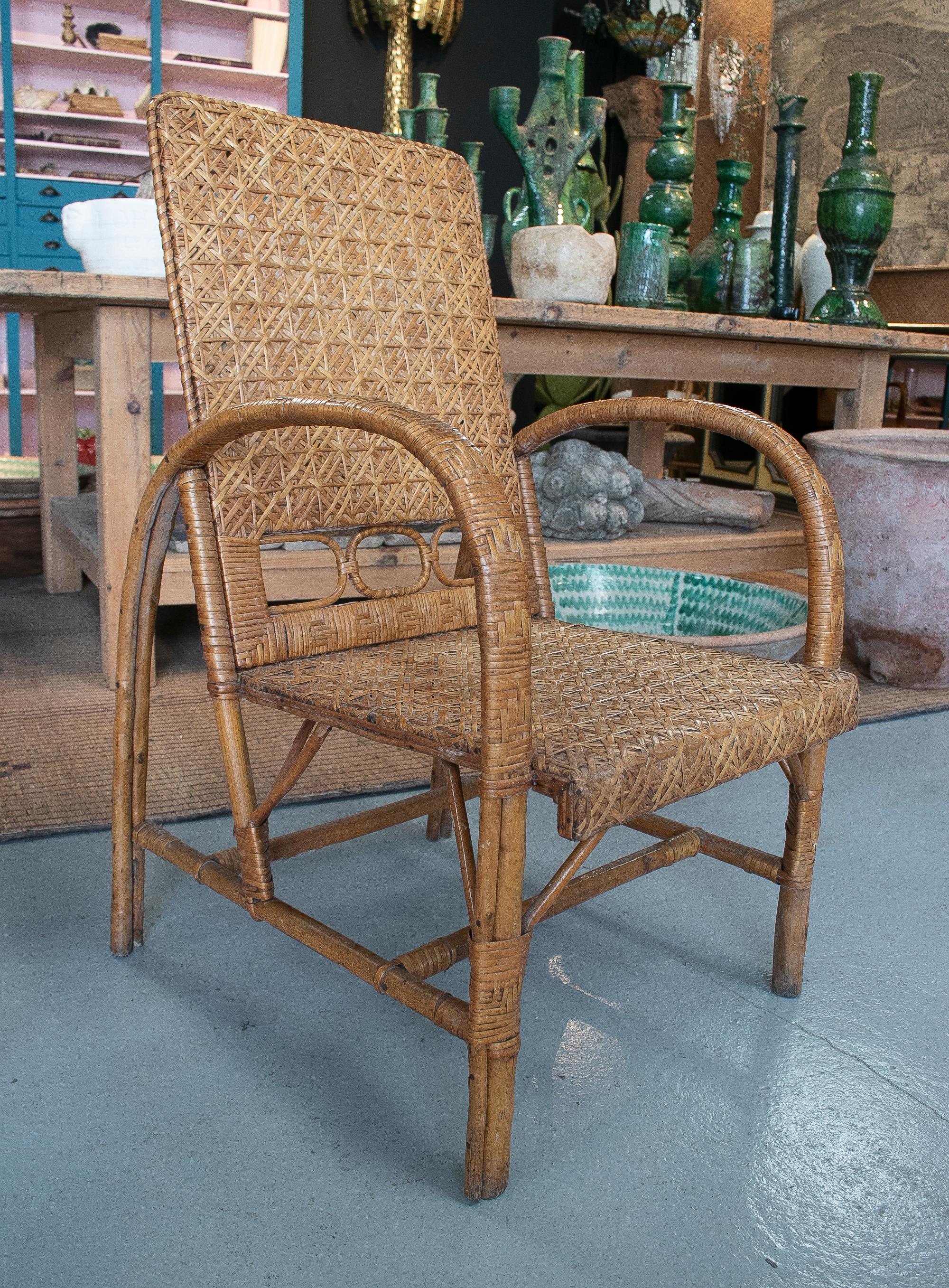 Vintage Pair of 1950s Spanish Hand Woven Wicker on Wood Armchairs For Sale 7