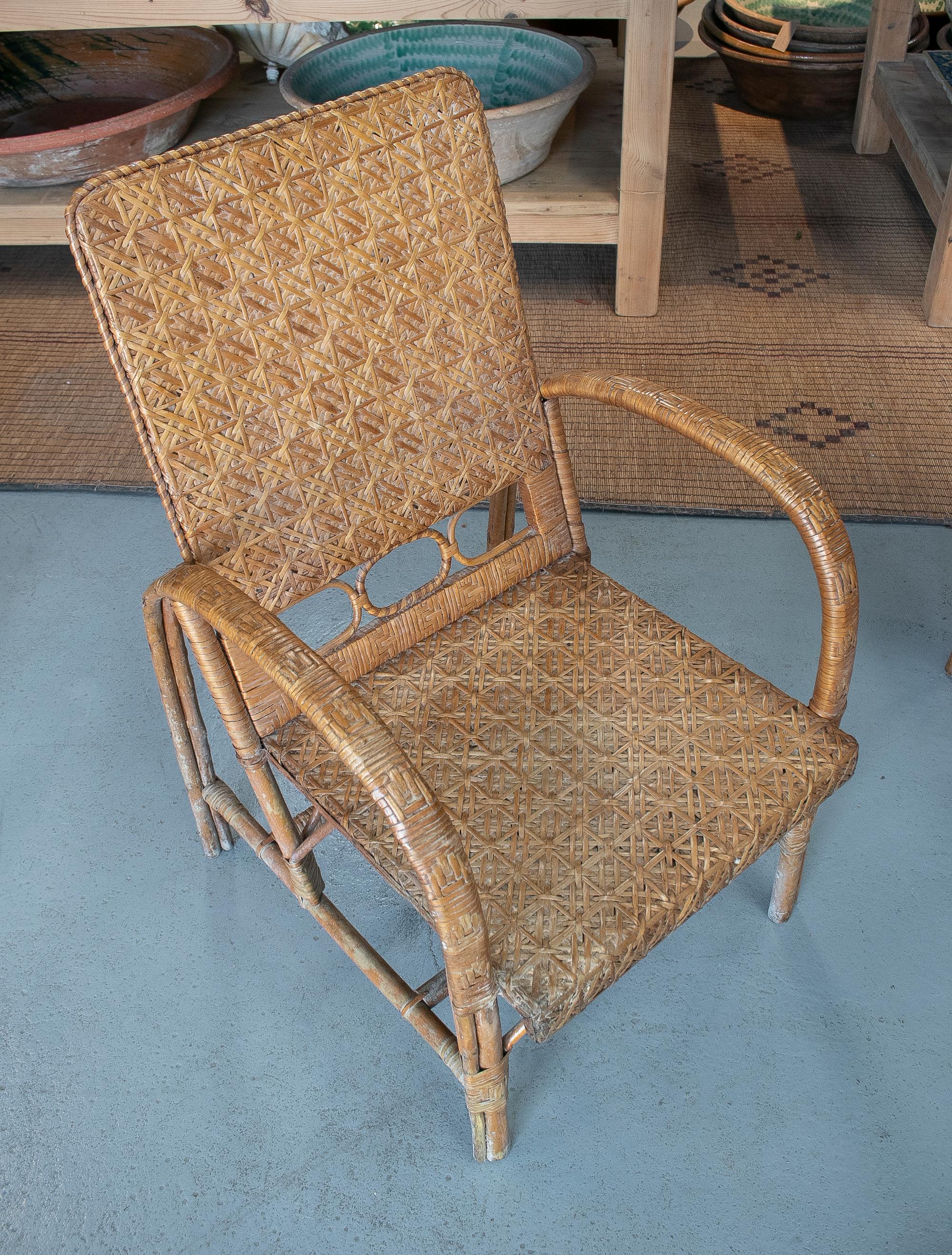 Vintage Pair of 1950s Spanish Hand Woven Wicker on Wood Armchairs For Sale 8