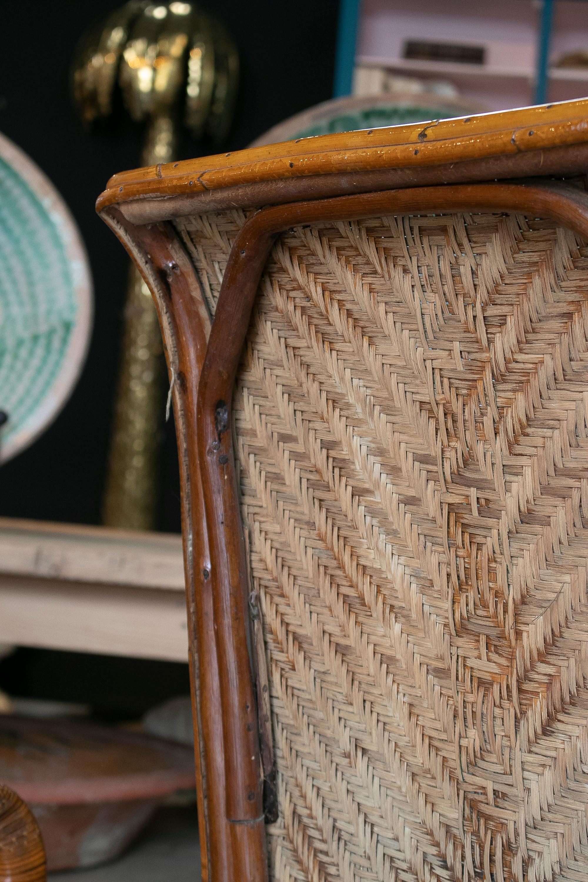 Vintage Pair of 1950s Spanish Hand Woven Wicker on Wood Armchairs 12