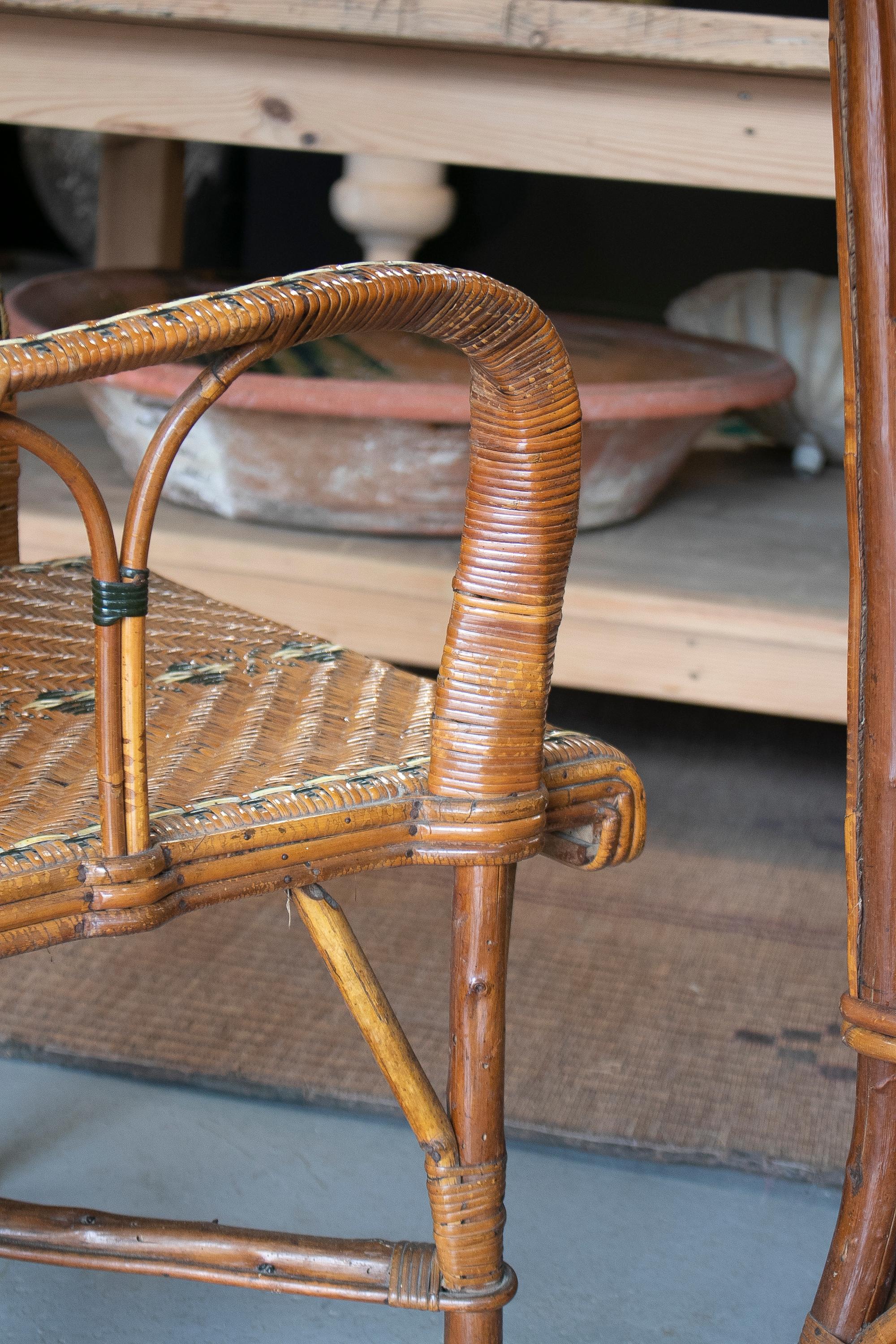 Vintage Pair of 1950s Spanish Hand Woven Wicker on Wood Armchairs 13