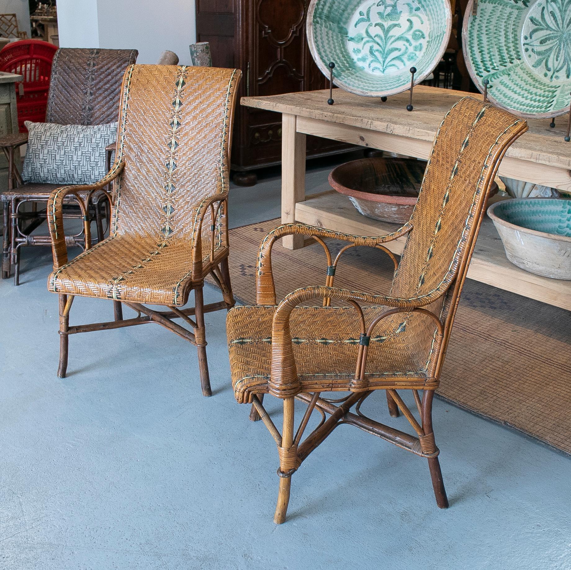 Vintage Pair of 1950s Spanish Hand Woven Wicker on Wood Armchairs In Good Condition In Marbella, ES