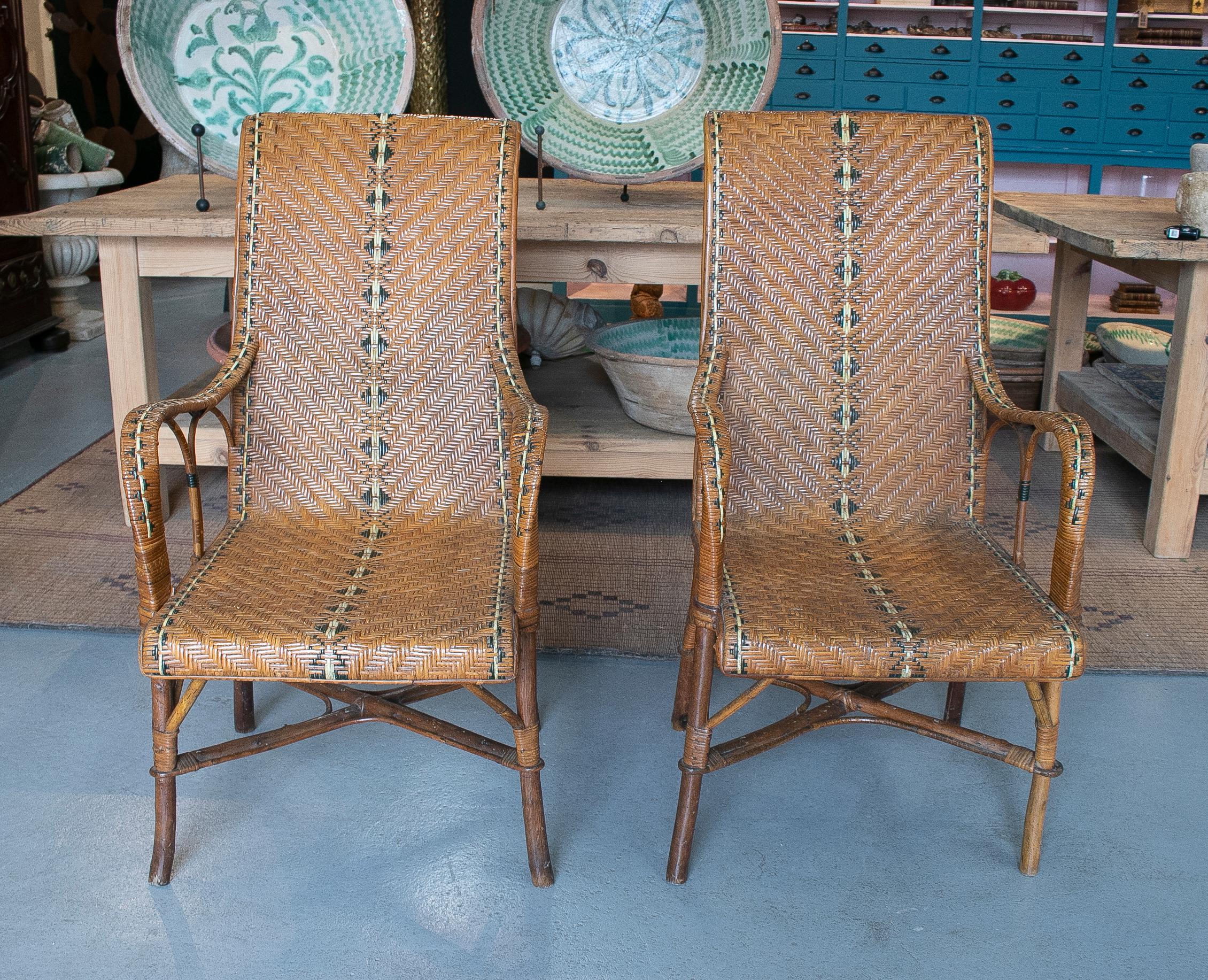 20th Century Vintage Pair of 1950s Spanish Hand Woven Wicker on Wood Armchairs