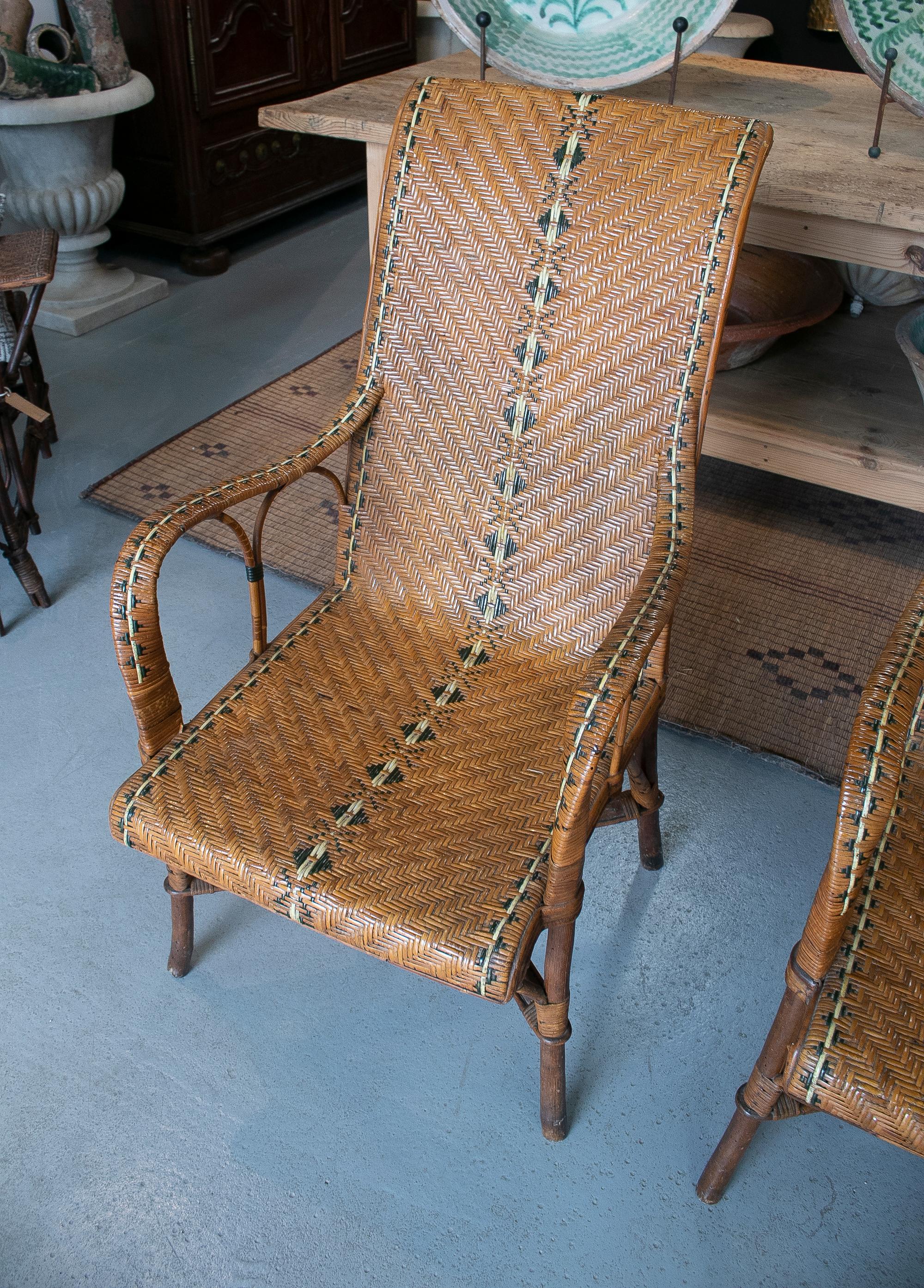Vintage Pair of 1950s Spanish Hand Woven Wicker on Wood Armchairs 4