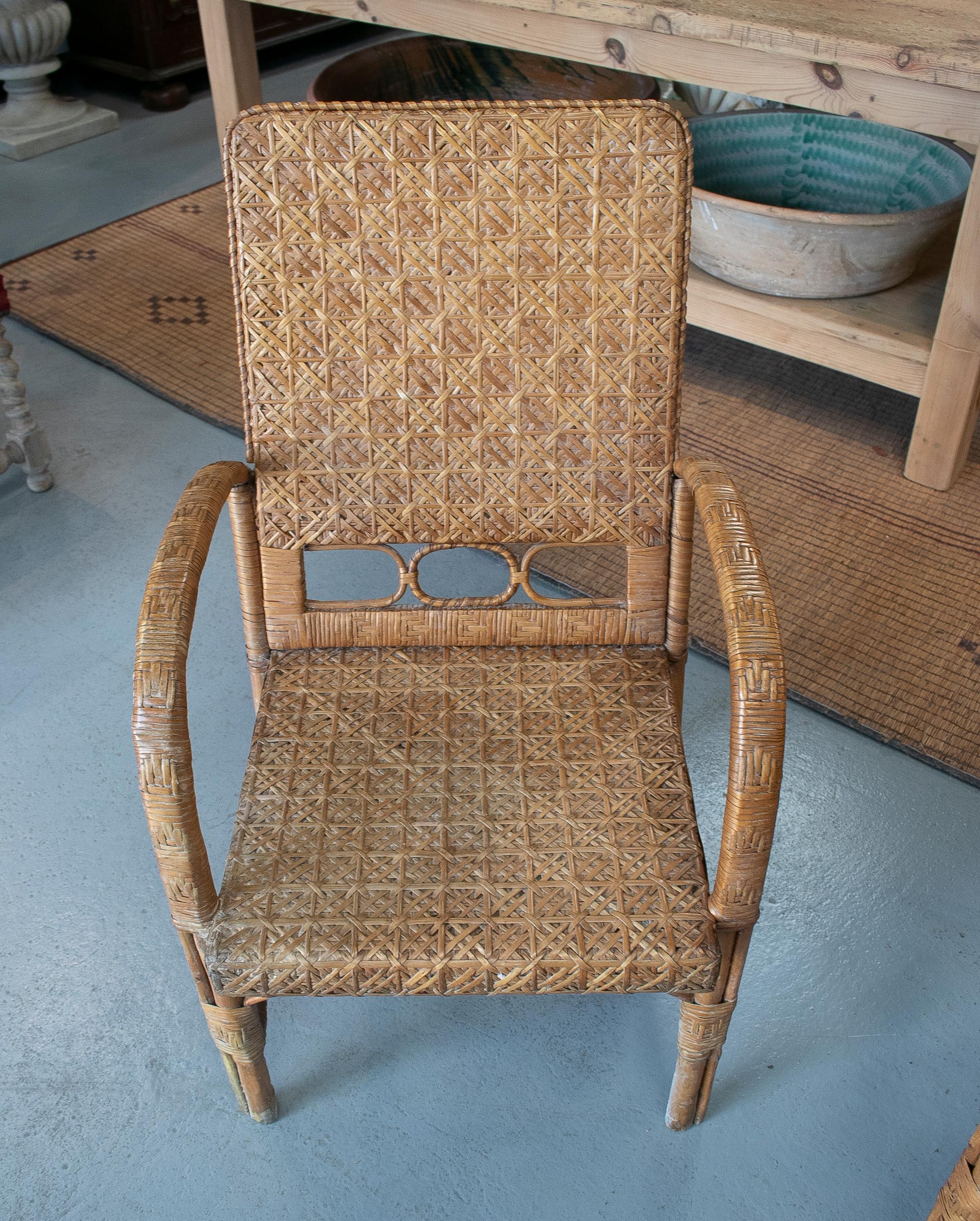 Vintage Pair of 1950s Spanish Hand Woven Wicker on Wood Armchairs For Sale 5
