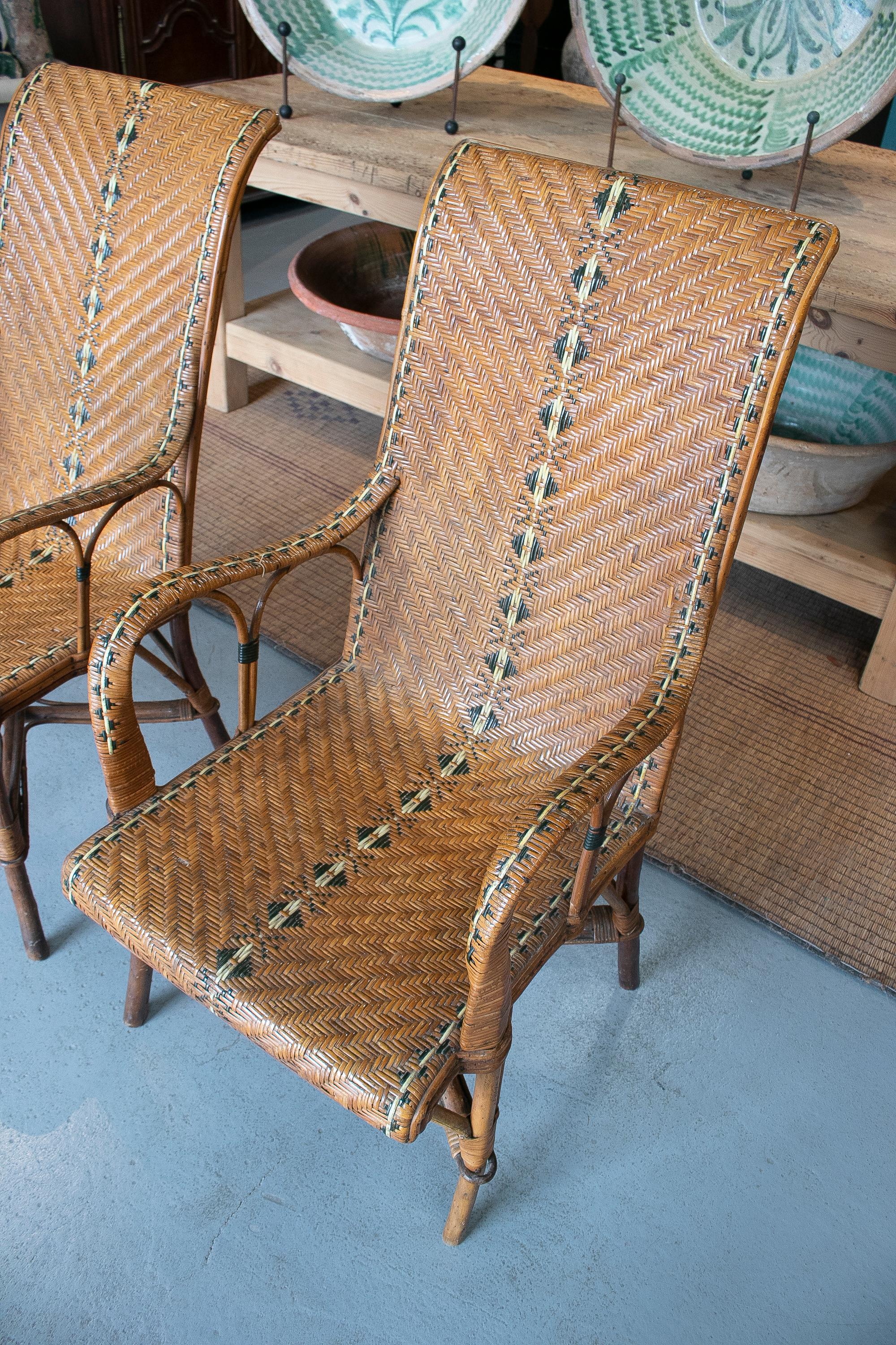 Vintage Pair of 1950s Spanish Hand Woven Wicker on Wood Armchairs 5