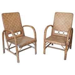 Vintage Pair of 1950s Spanish Hand Woven Wicker on Wood Armchairs