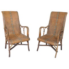 Vintage Pair of 1950s Spanish Hand Woven Wicker on Wood Armchairs