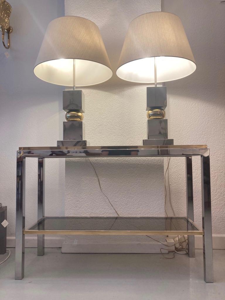 Late 20th Century Vintage Pair of 1970s Chrome & Brass Table Lamps For Sale