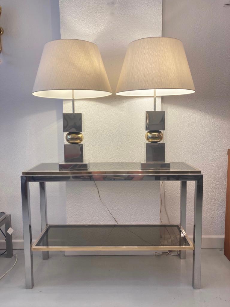 Vintage Pair of 1970s Chrome & Brass Table Lamps For Sale 1