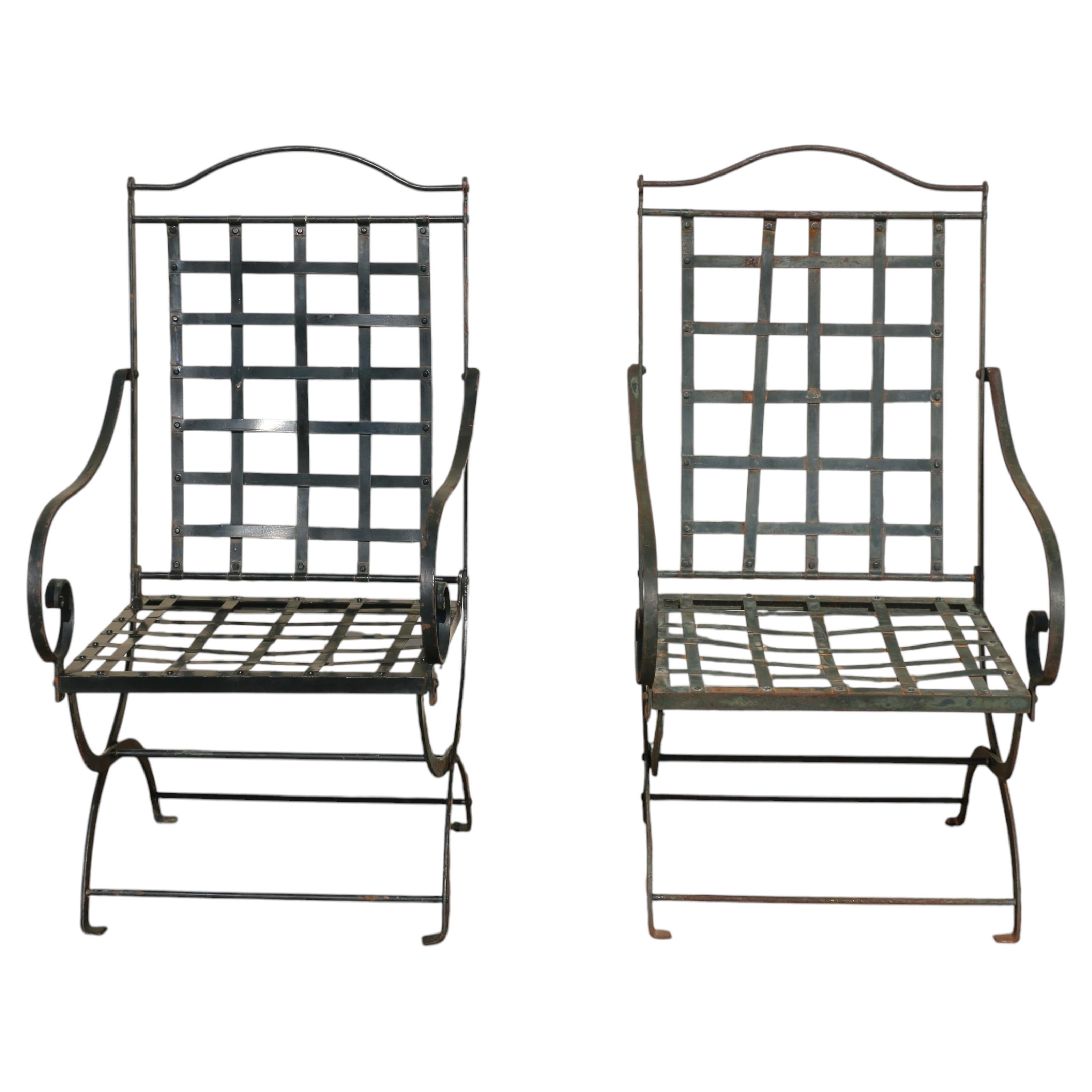 Vintage Pair of 1970s Hervé Baume French Wrought Iron Folding Patio Chairs