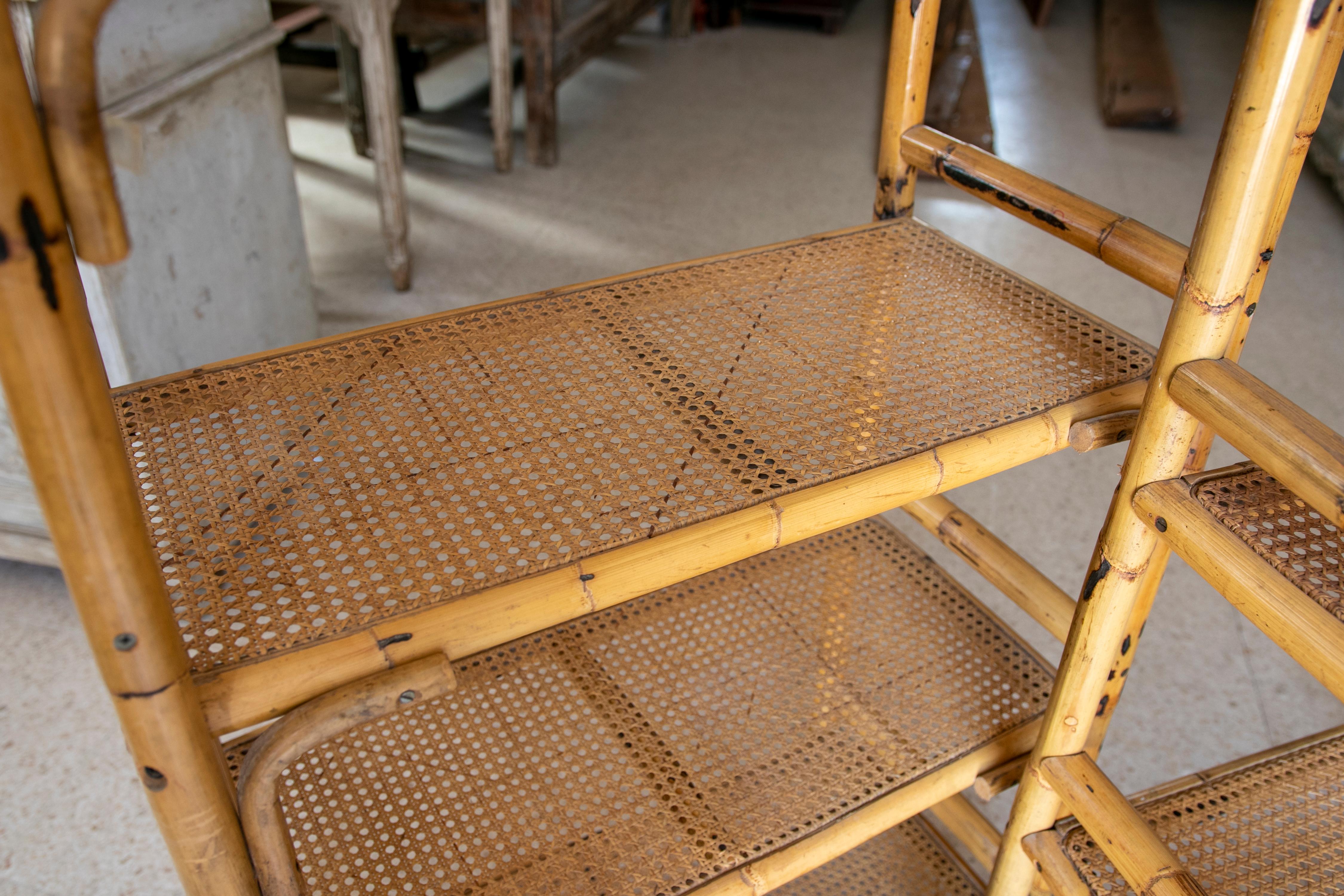 Vintage Pair of 1970s Spanish Bamboo Six Shelf Racks w/ Woven Cane