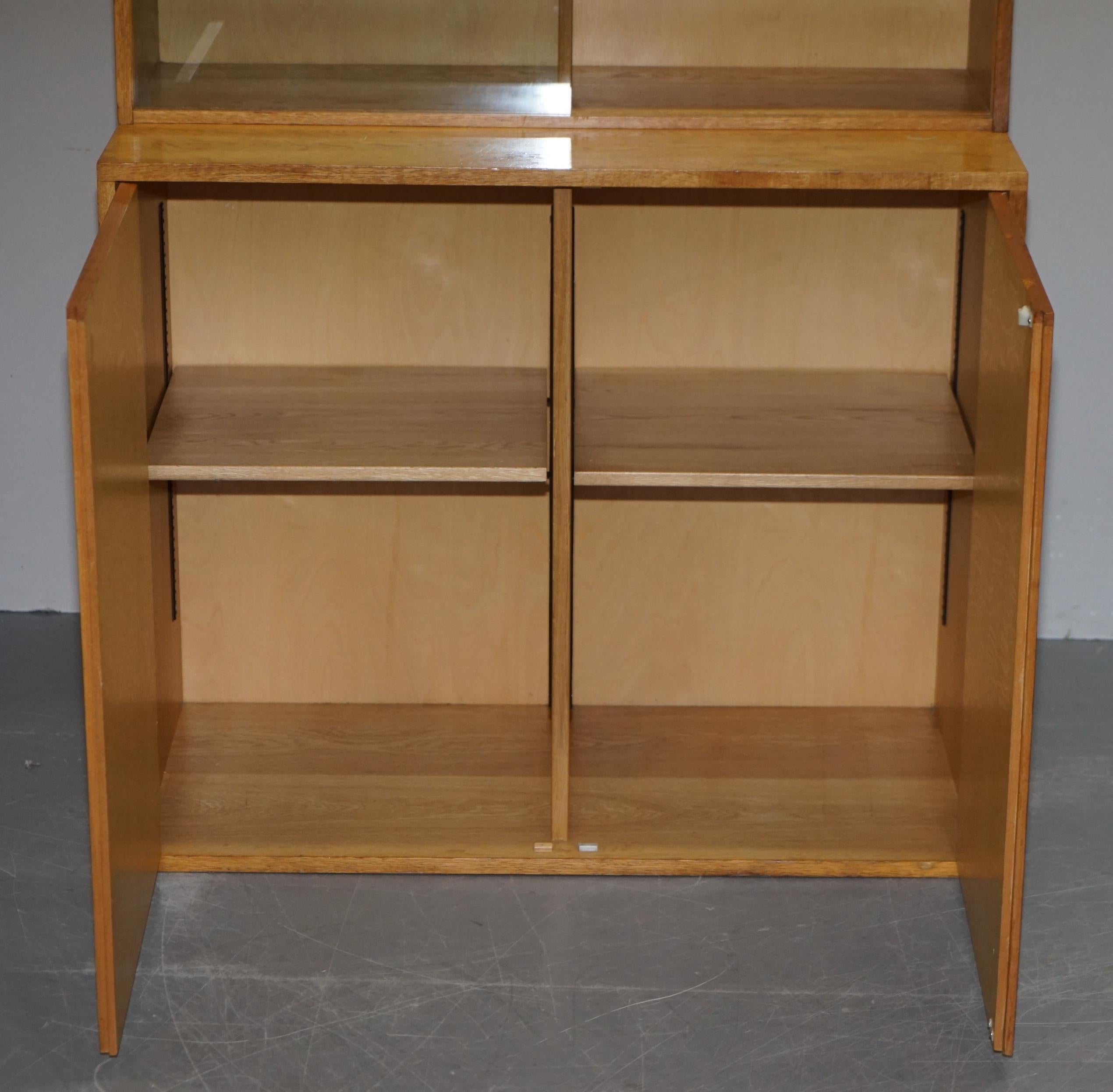 Vintage Pair of 1972 Oak Stacking Library Legal Bookcases, Glass Sliding Doors For Sale 2