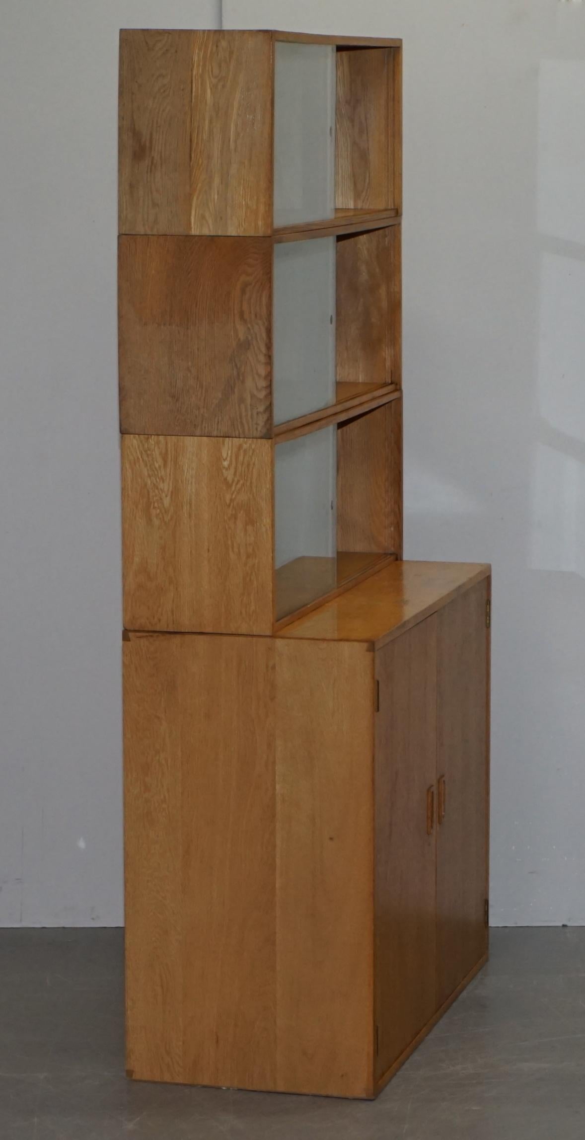 Vintage Pair of 1972 Oak Stacking Library Legal Bookcases, Glass Sliding Doors For Sale 4