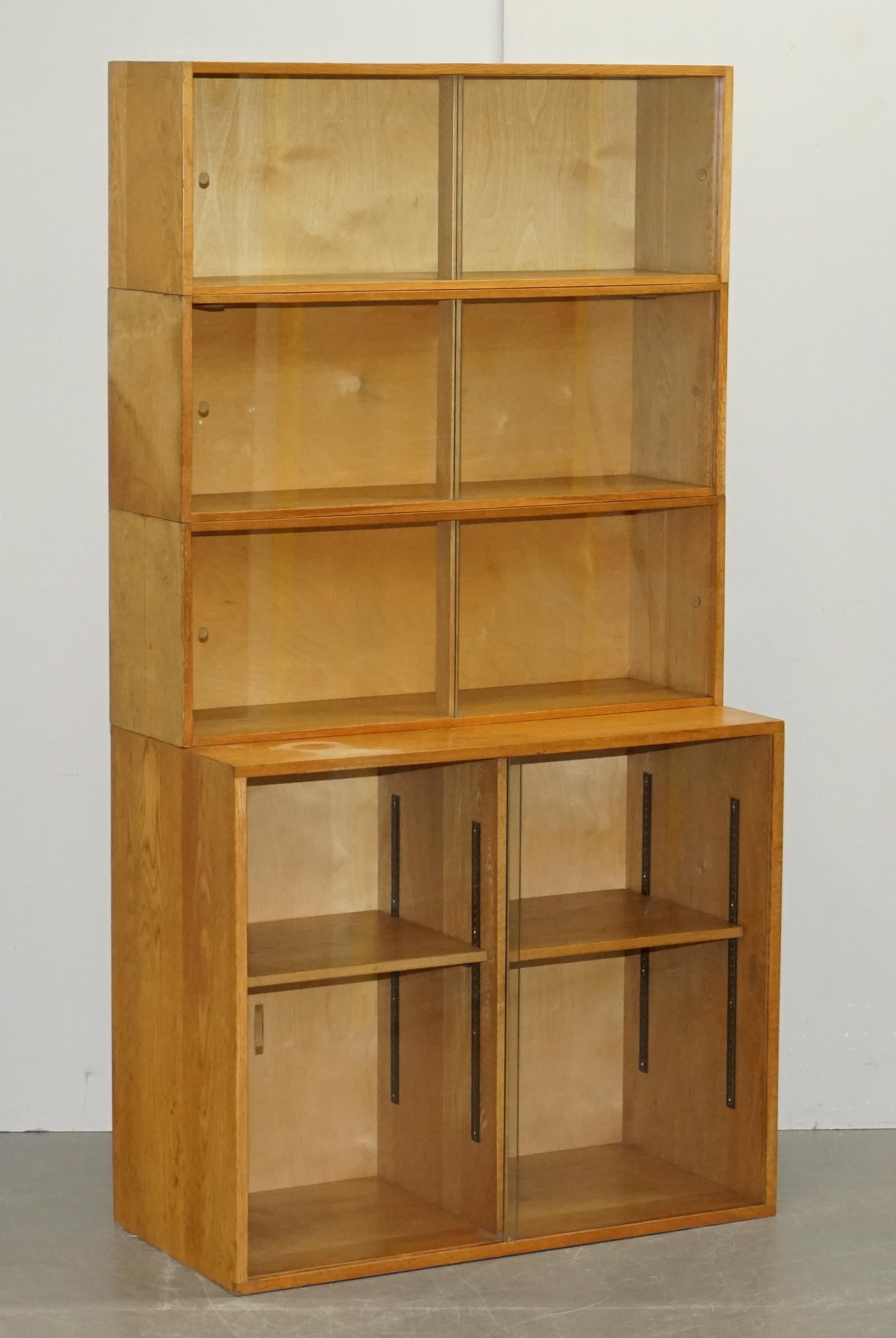 Vintage Pair of 1972 Oak Stacking Library Legal Bookcases, Glass Sliding Doors For Sale 6
