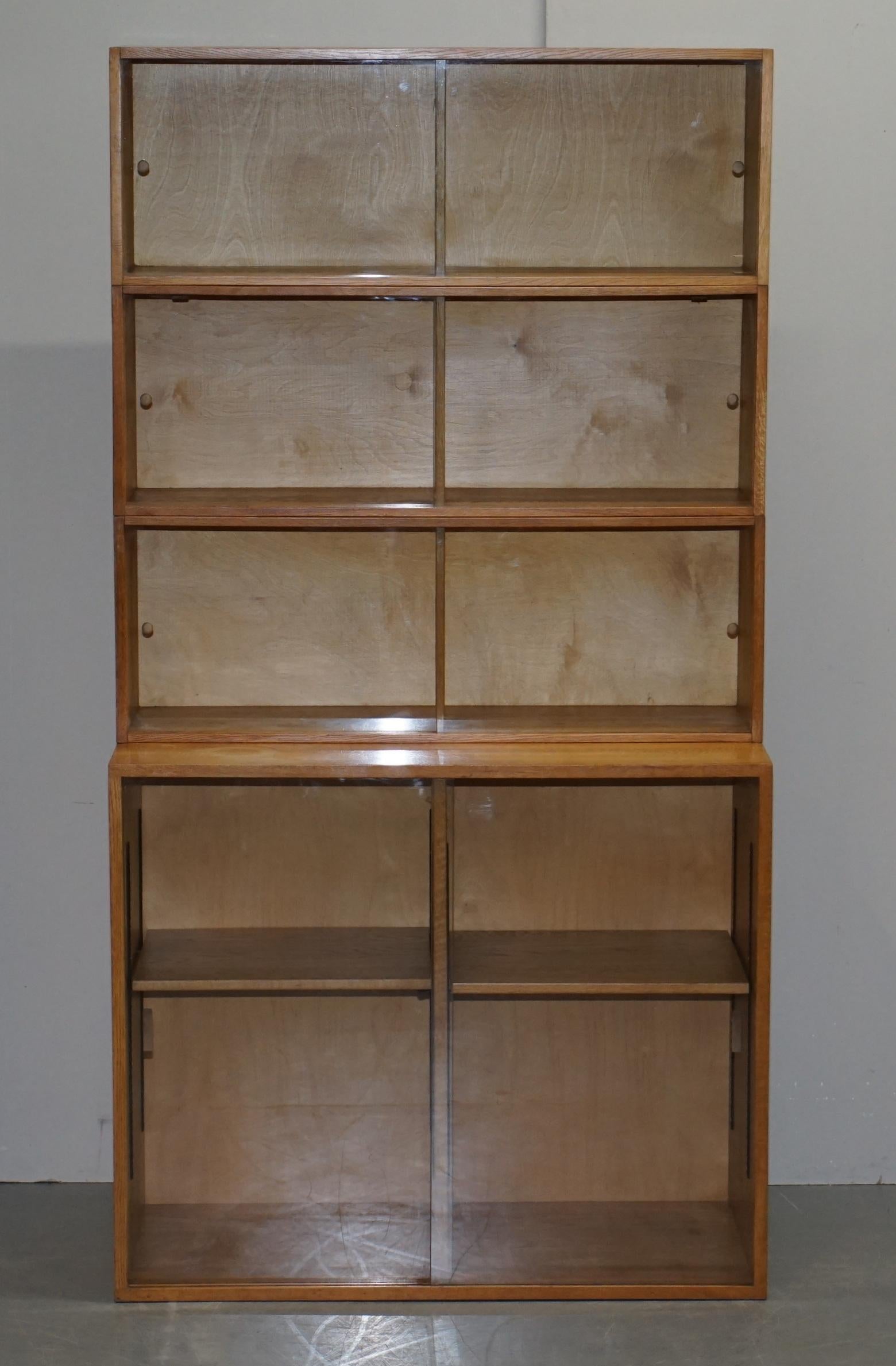 Vintage Pair of 1972 Oak Stacking Library Legal Bookcases, Glass Sliding Doors For Sale 7
