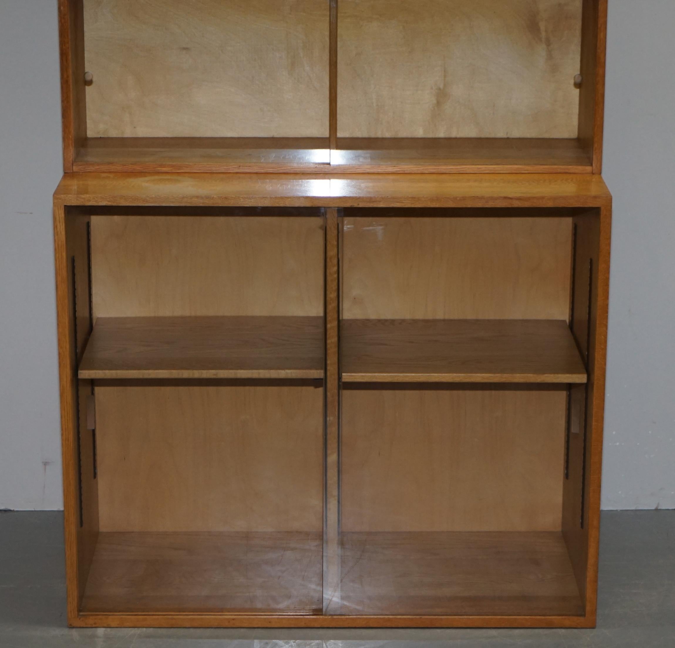 Vintage Pair of 1972 Oak Stacking Library Legal Bookcases, Glass Sliding Doors For Sale 8