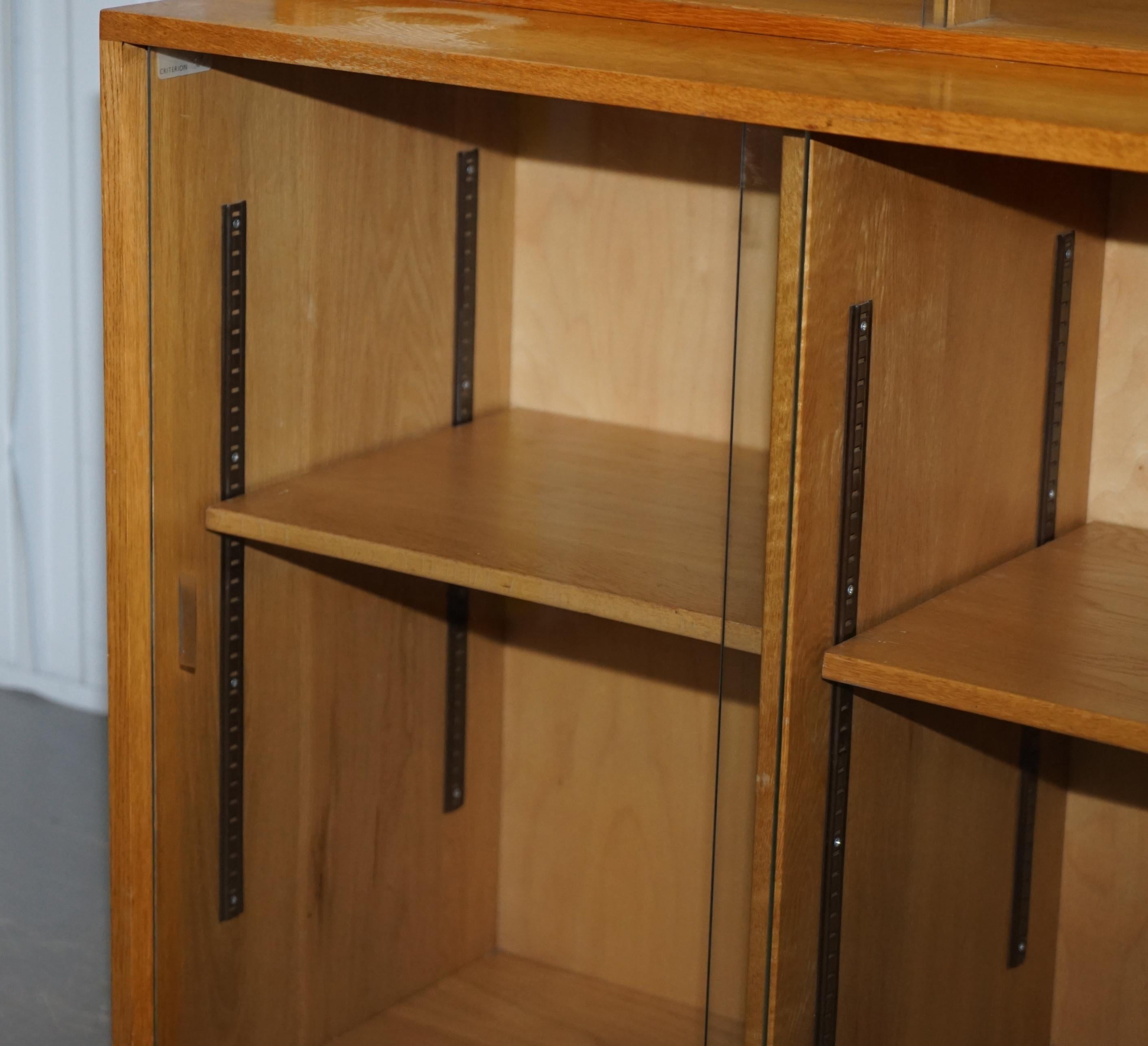 Vintage Pair of 1972 Oak Stacking Library Legal Bookcases, Glass Sliding Doors For Sale 9