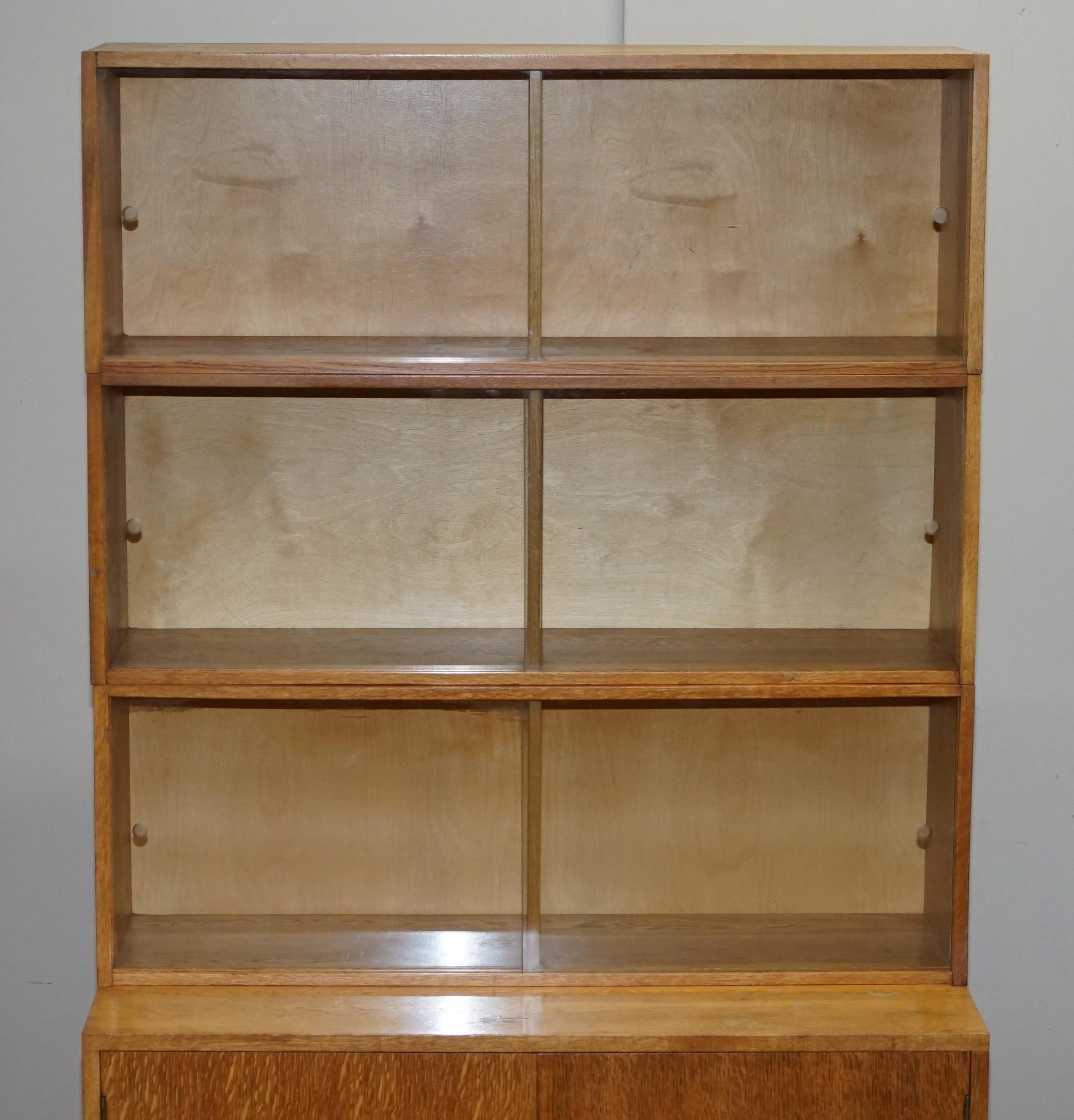 Mid-Century Modern Vintage Pair of 1972 Oak Stacking Library Legal Bookcases, Glass Sliding Doors For Sale