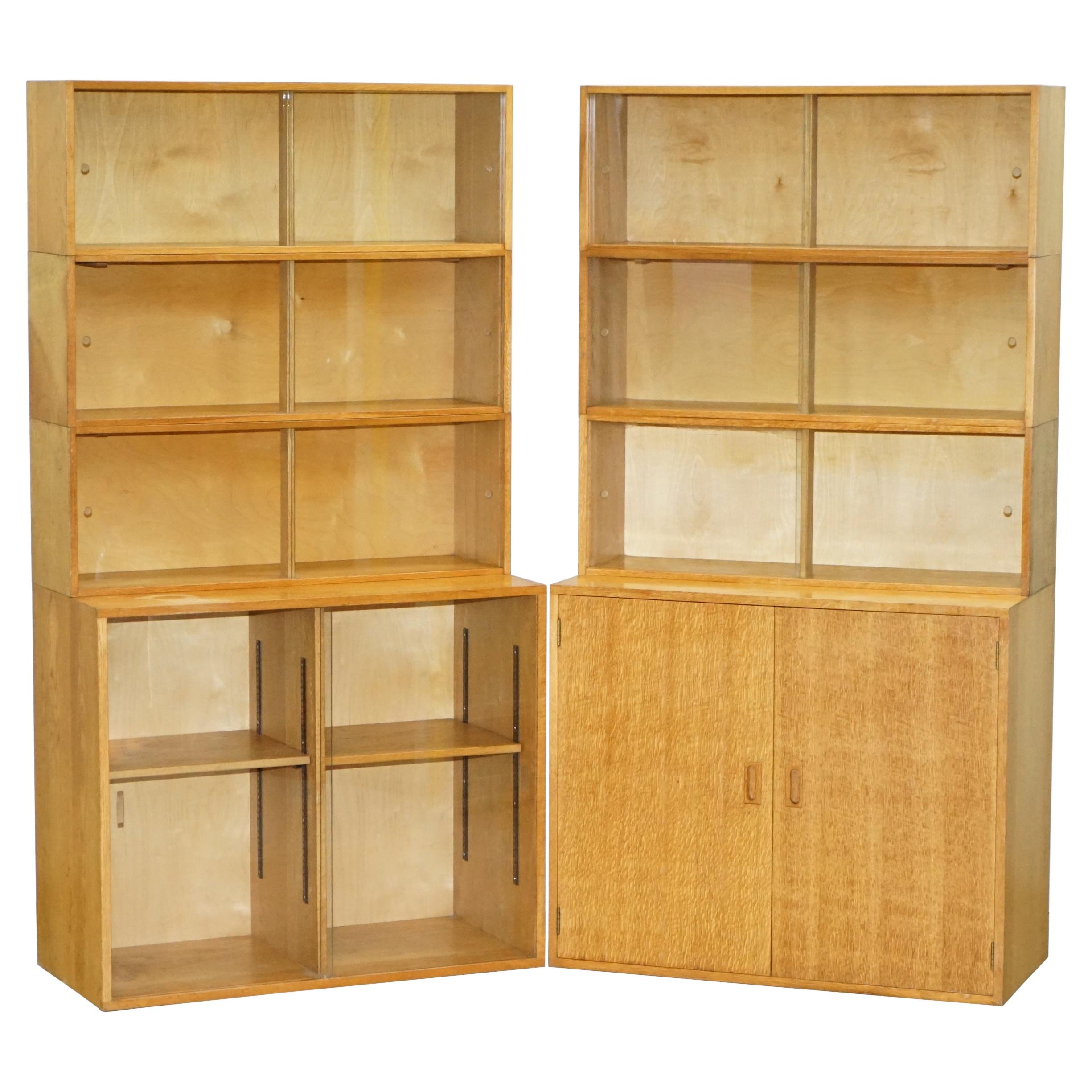Vintage Pair of 1972 Oak Stacking Library Legal Bookcases, Glass Sliding Doors