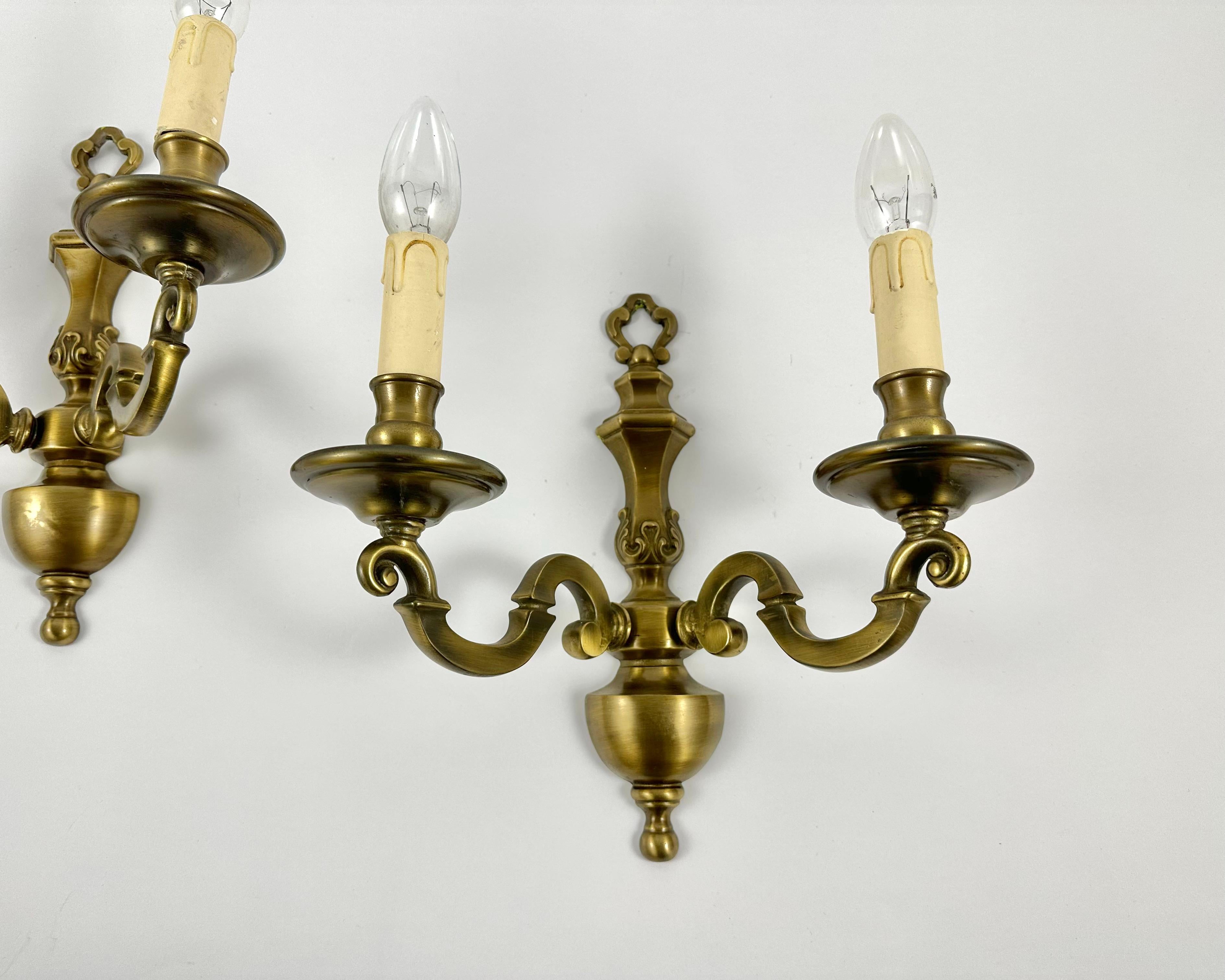 Belgian Vintage Pair of 2 Arm Bronze Wall Sconce Traditional Classic Lighting, Belgium For Sale