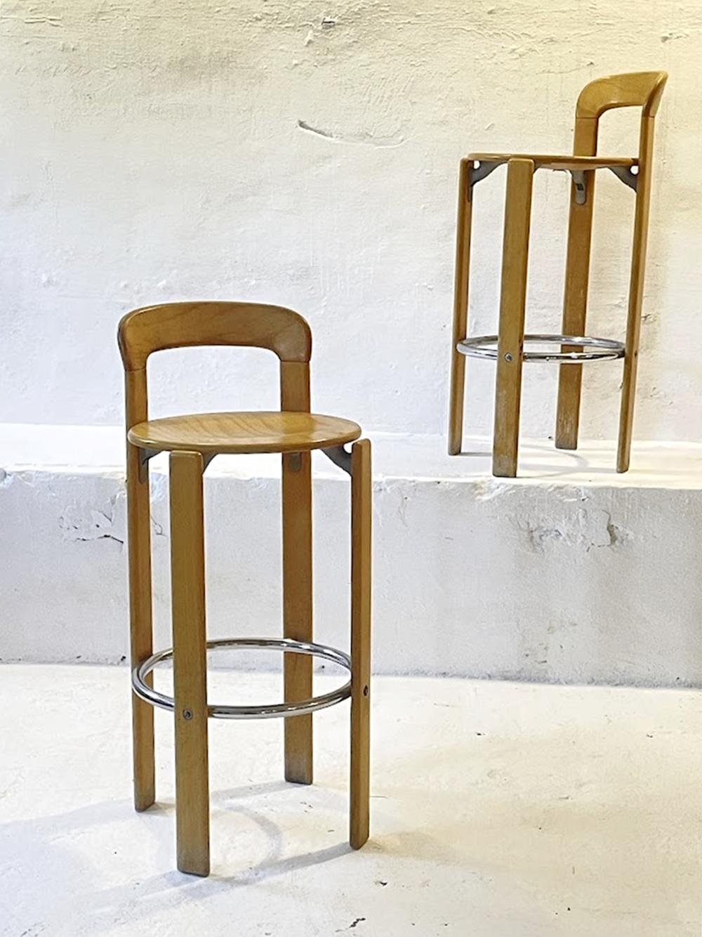 Pair of Vintage Bruno Rey Bar Stools for Kusch & Co., 1970s Offered as a set of two, these exceptional bar stools were designed by the renowned Swiss designer Bruno Rey and manufactured by Kusch & Co. under license from Dietiker in the 1970s.