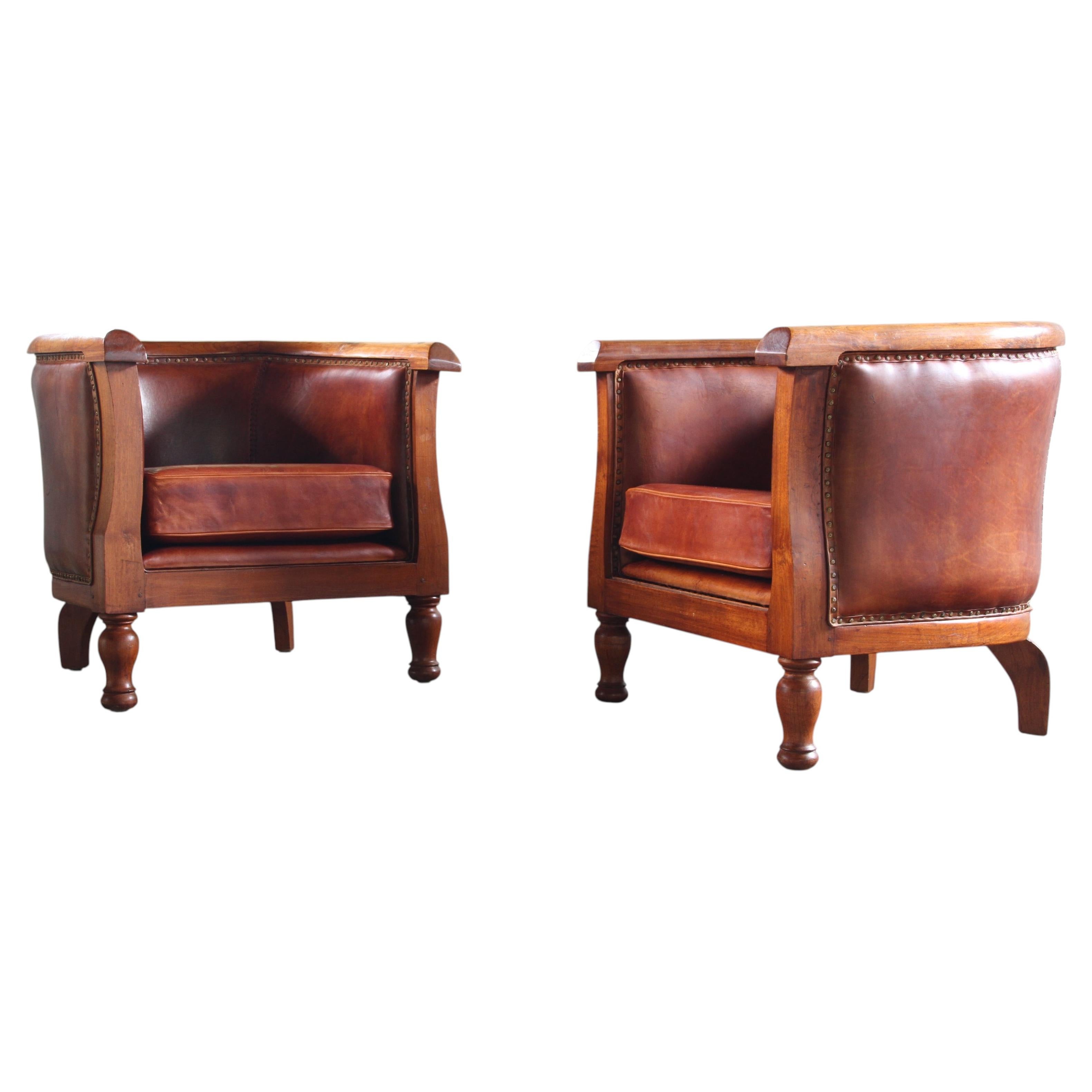 Vintage pair of 20th century Danish Leather Chairs, ca. 1930s