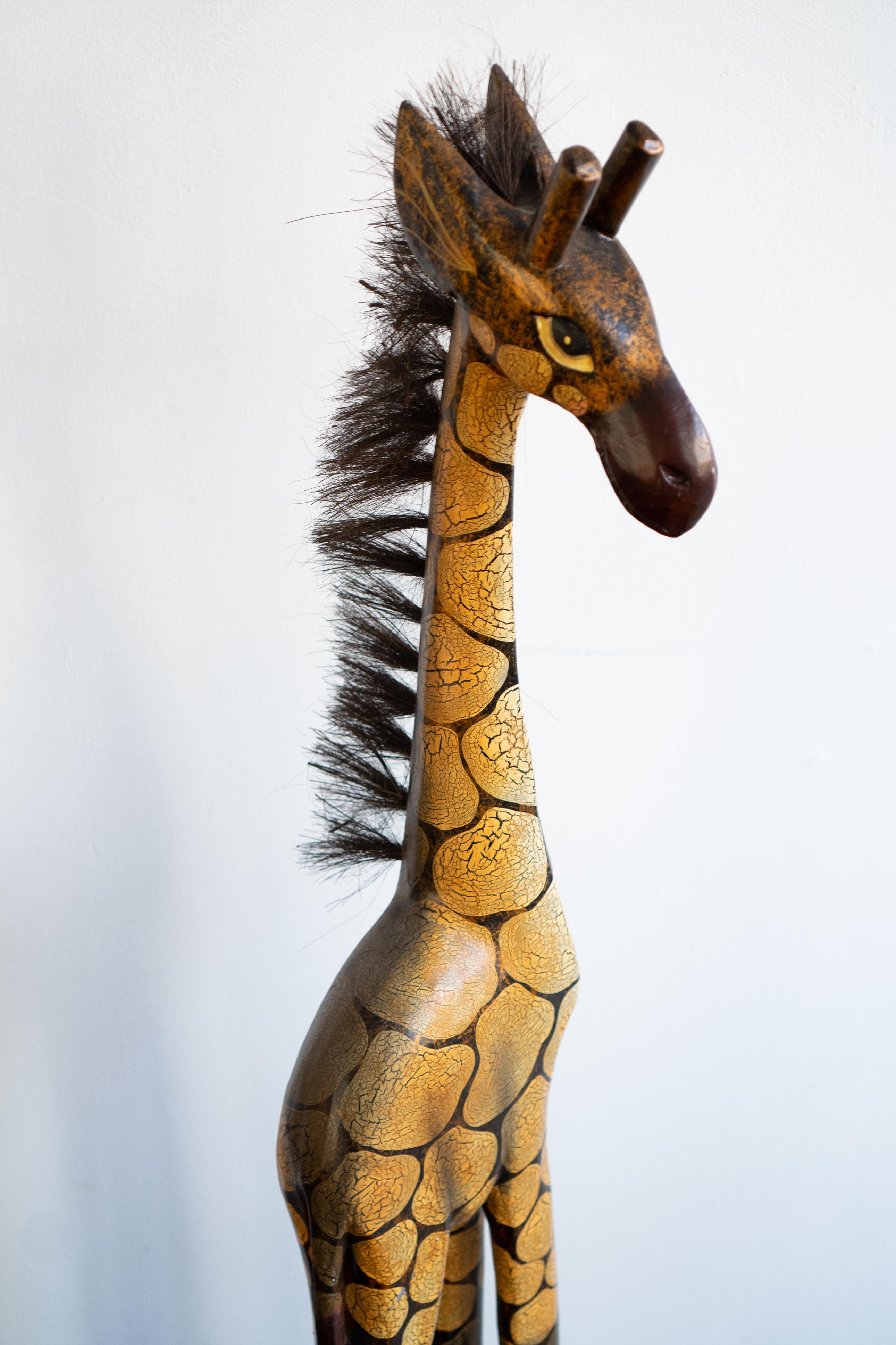 Vintage Pair of 6-Foot Wooden Hand Carved Giraffe Mother and Baby Statues 1
