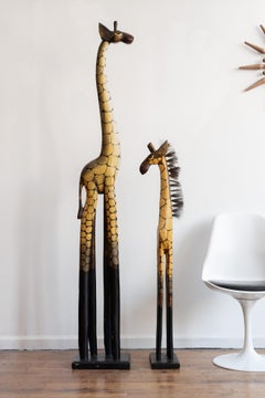 Vintage Pair of 6-Foot Wooden Hand Carved Giraffe Mother and Baby Statues