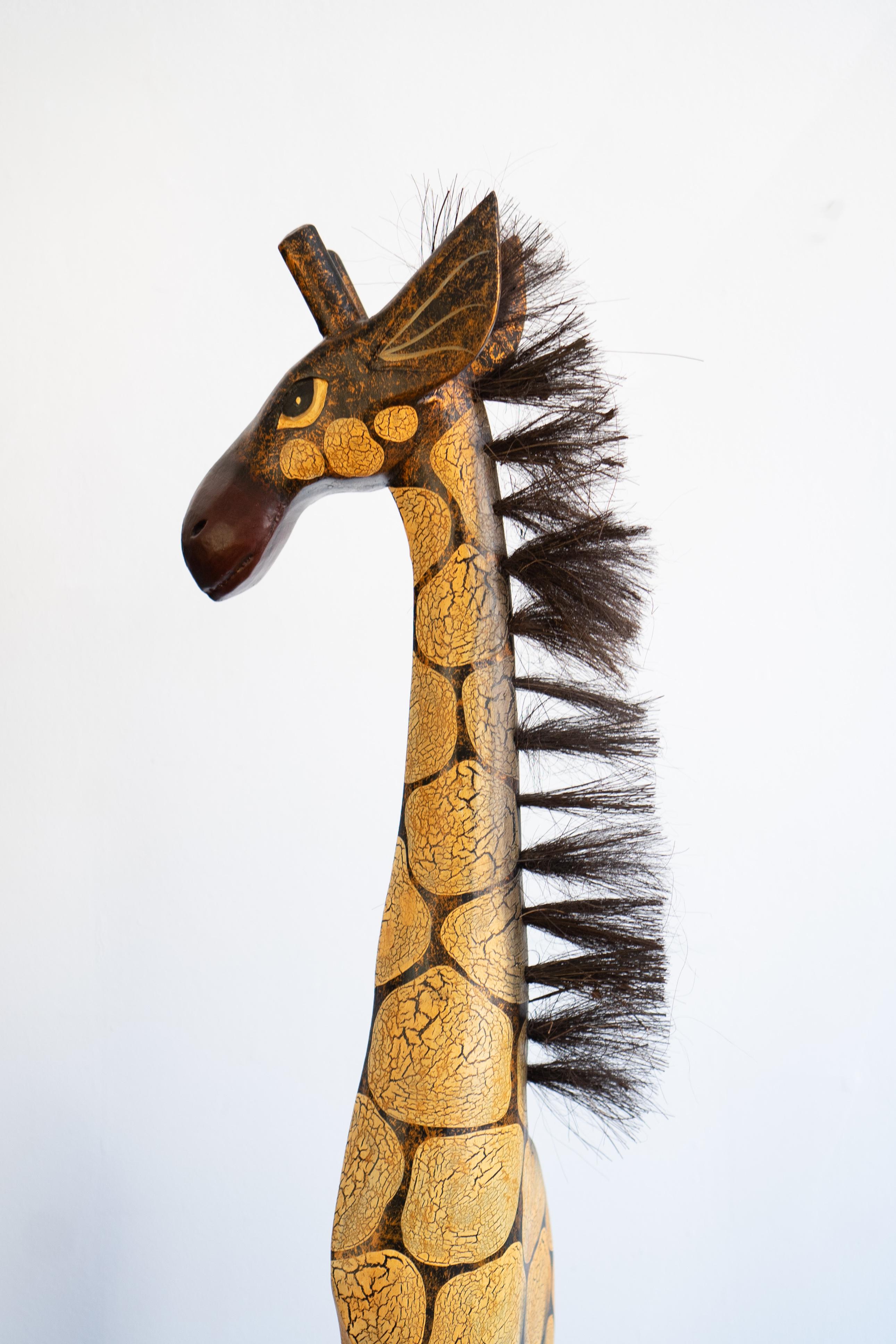 Folk Art Vintage Pair of 6-Foot Wooden Hand Carved Giraffe Mother and Baby Statues