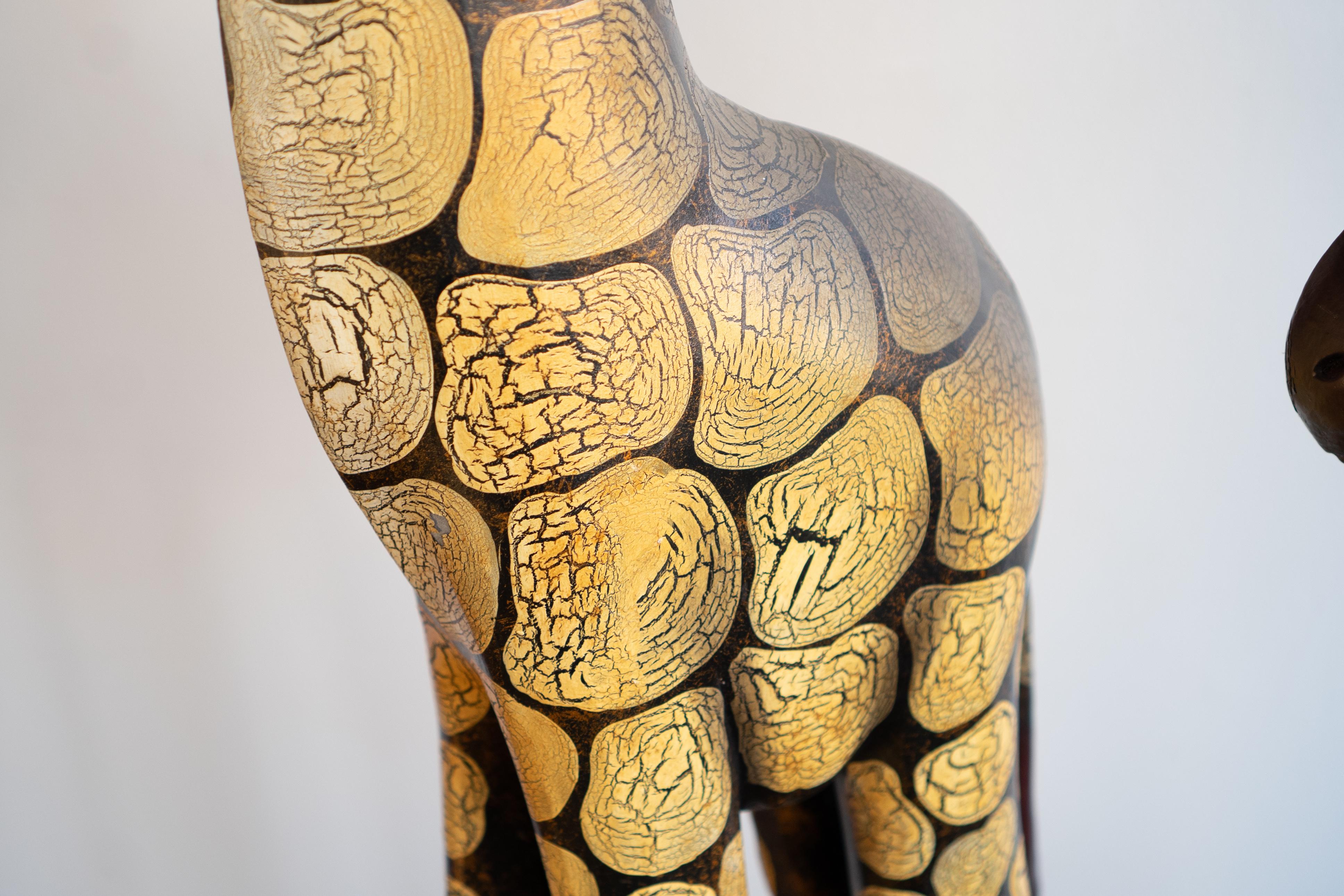 Vintage Pair of 6-Foot Wooden Hand Carved Giraffe Mother and Baby Statues In Good Condition In Chicago, IL