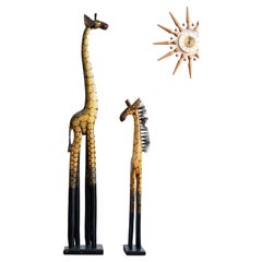 Vintage Pair of 6-Foot Wooden Hand Carved Giraffe Mother and Baby Statues