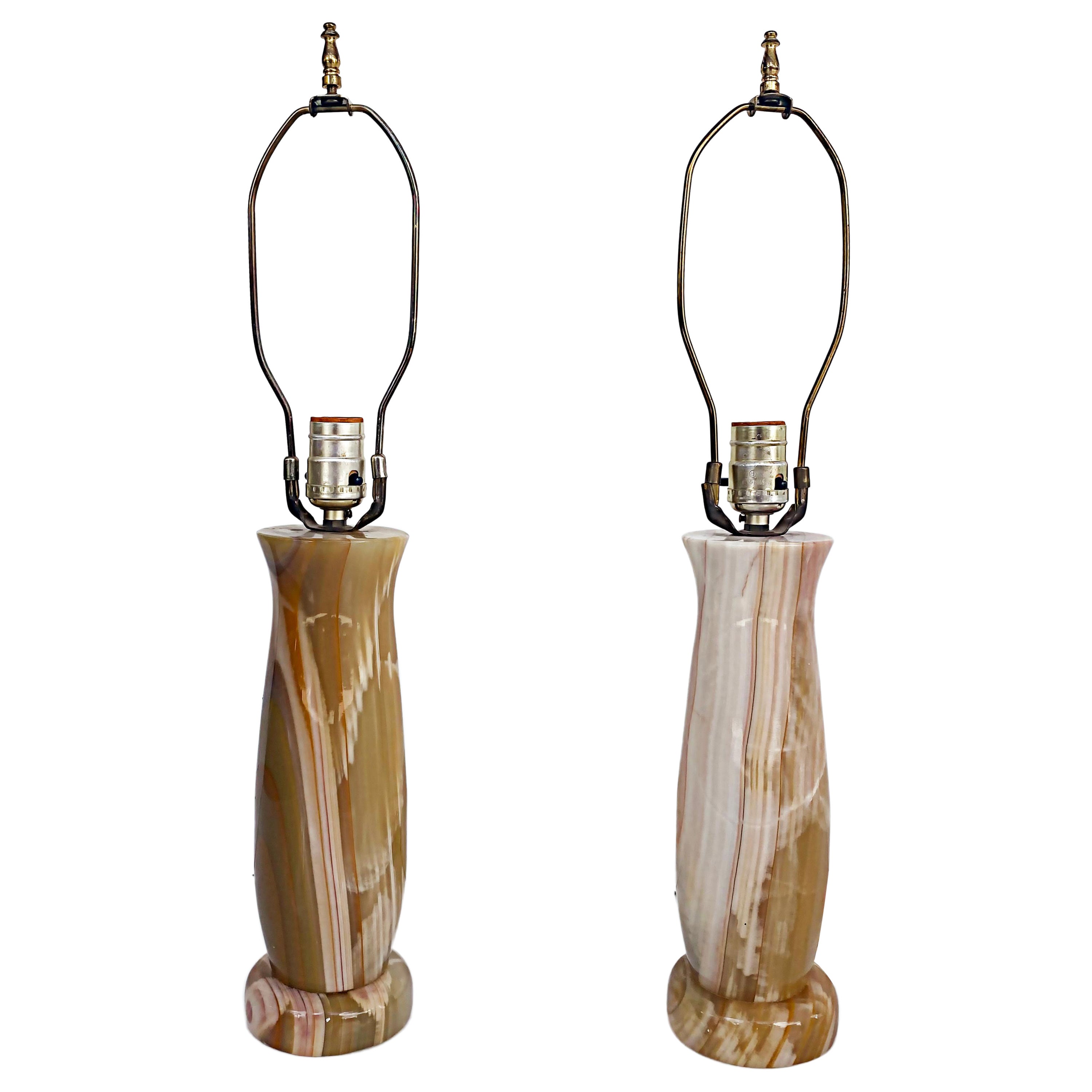 Vintage Pair of Agate Table Lamps on Round Circular Bases