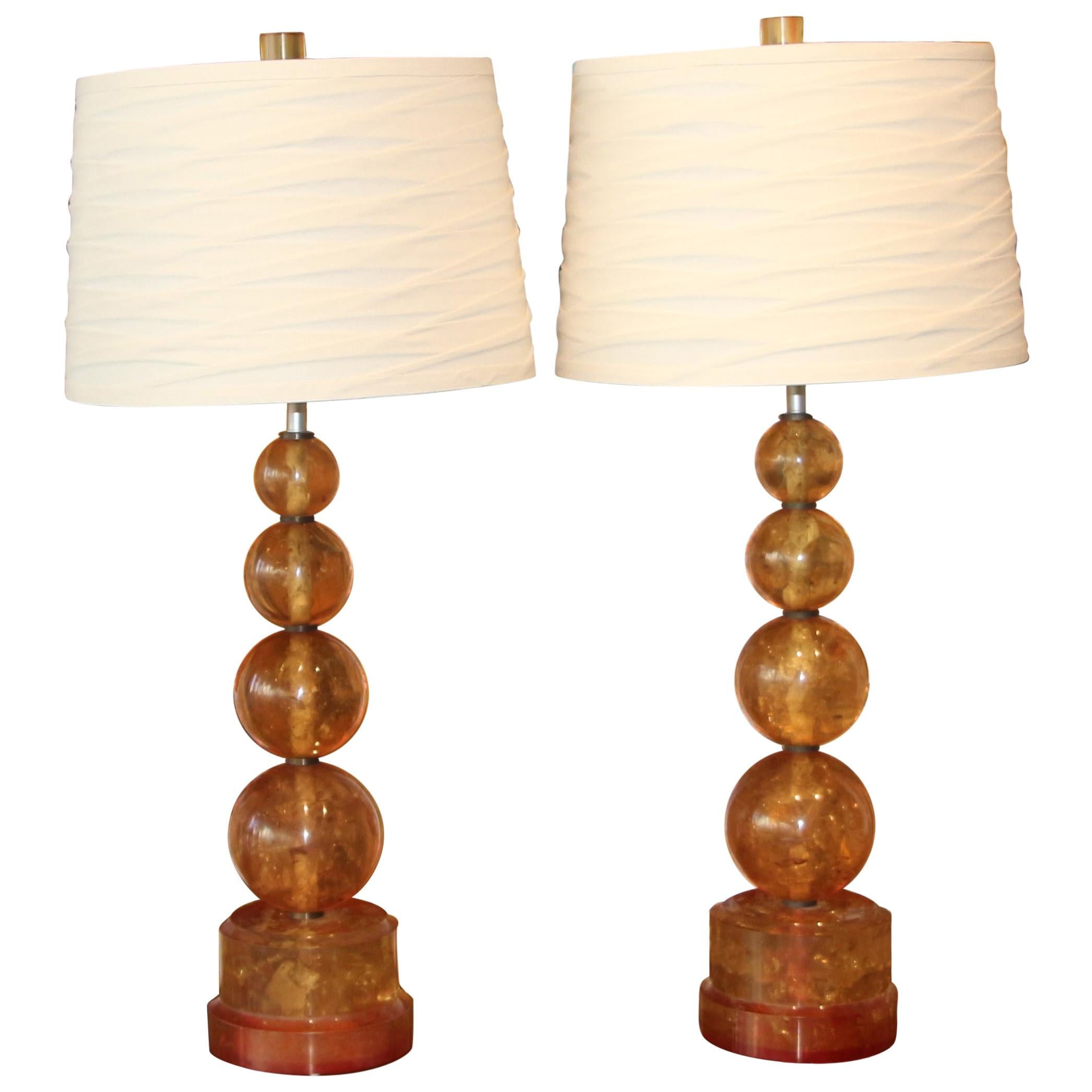 Vintage Pair of Amber Colored Fractured Resin Lamps