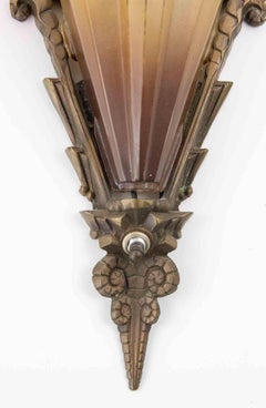 Vintage American Art Deco Sconces, Bronze and Glass, Slip Shade, 1930s