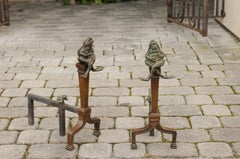 Vintage Pair of American Midcentury Andirons with Cast Bronze Frogs, circa 1950