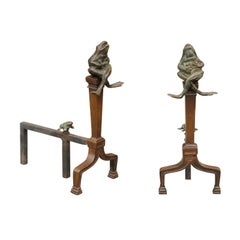 Vintage Pair of American Midcentury Andirons with Cast Bronze Frogs, circa 1950