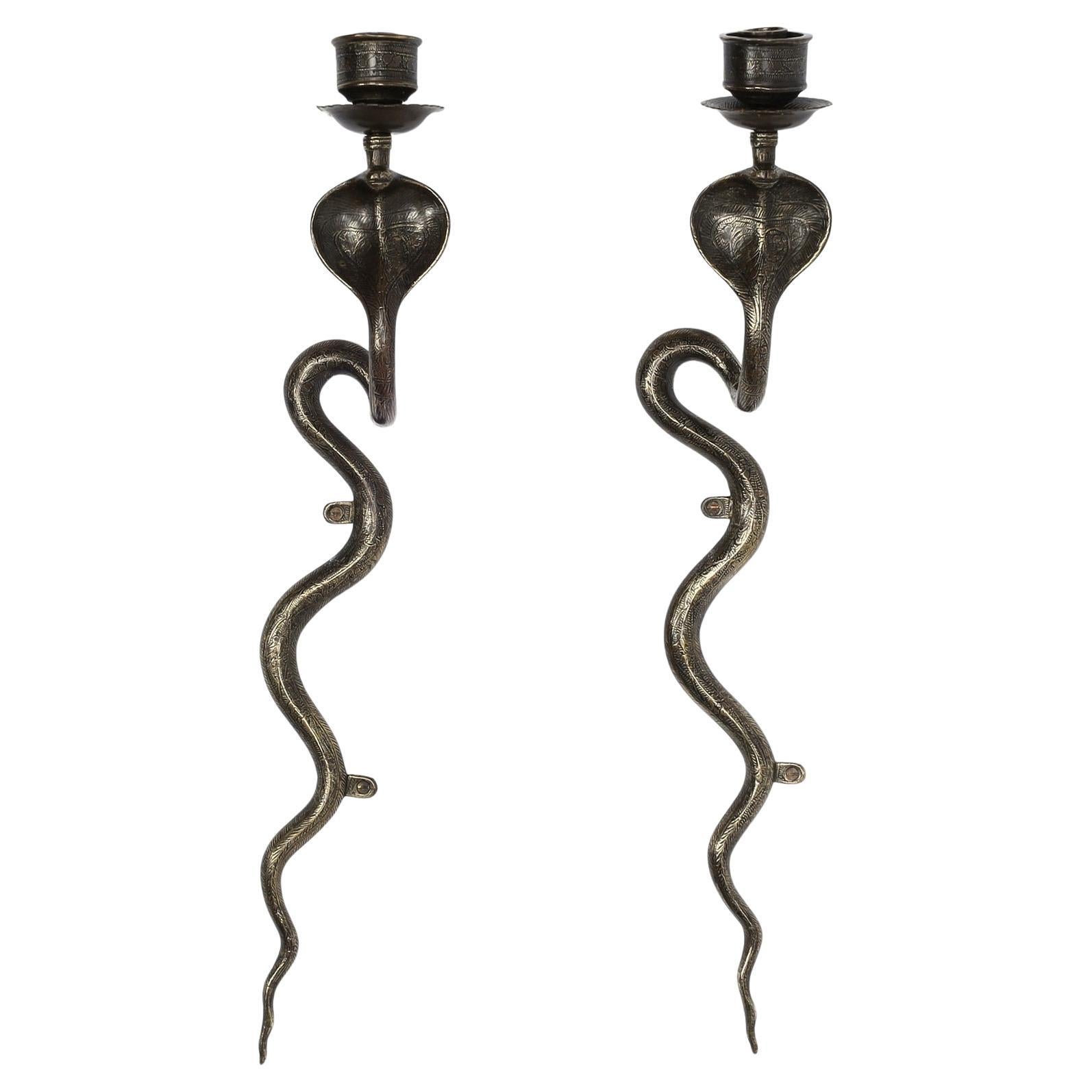 Vintage Pair of Anglo Indian Brass Snake or Cobra Wall Sconces