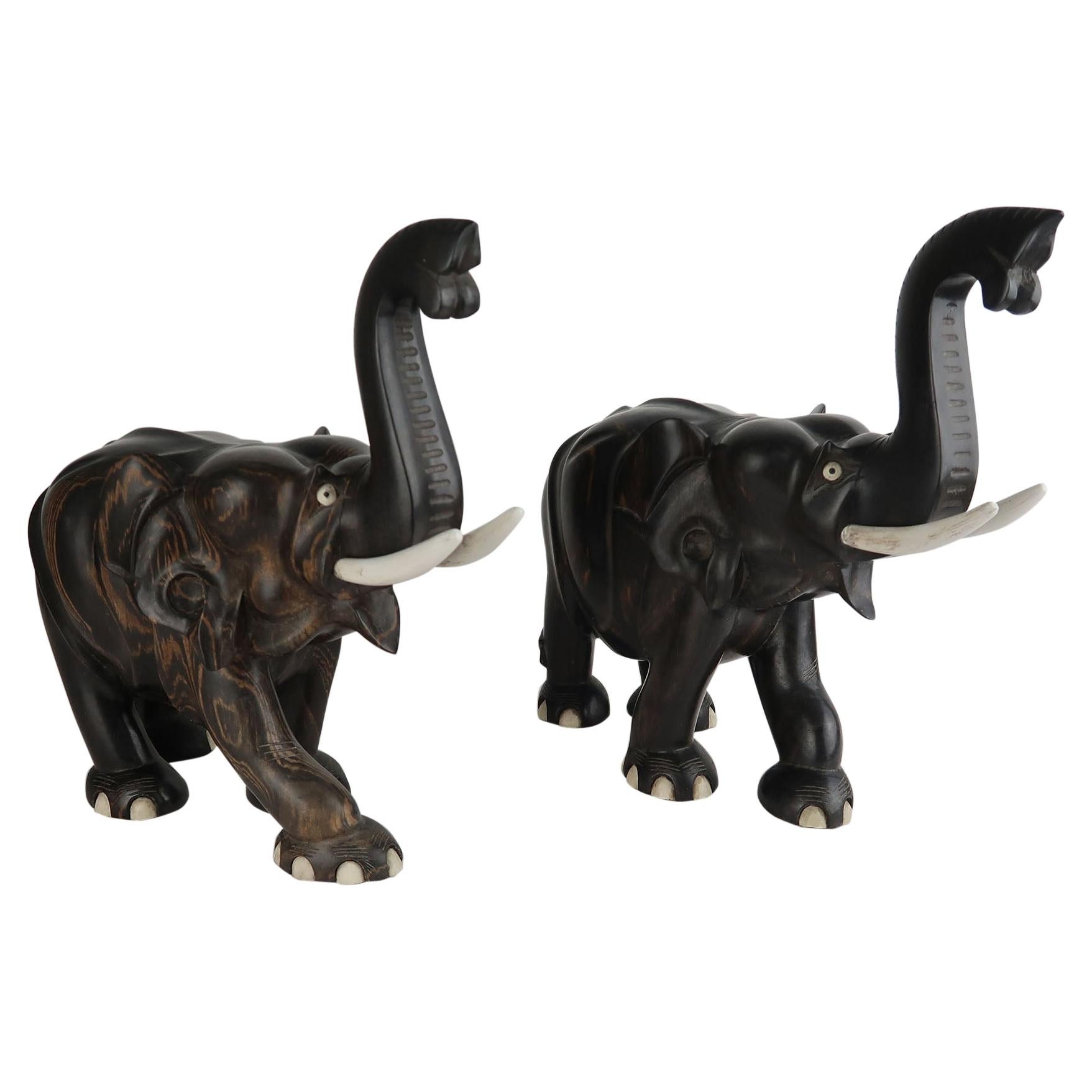 Vintage Pair of Anglo Indian Carved Wood Elephants
