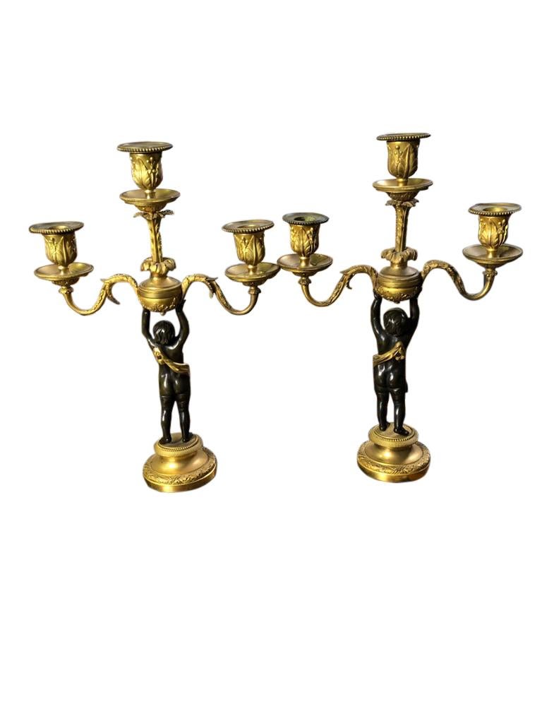 This fine antique pair of French Louis XV style gilt and patinated bronze candelabra date from the 19th century. Detailed sculpted patinated putti figures are prominently positioned holding a flowing botanical topped with three candleholders with