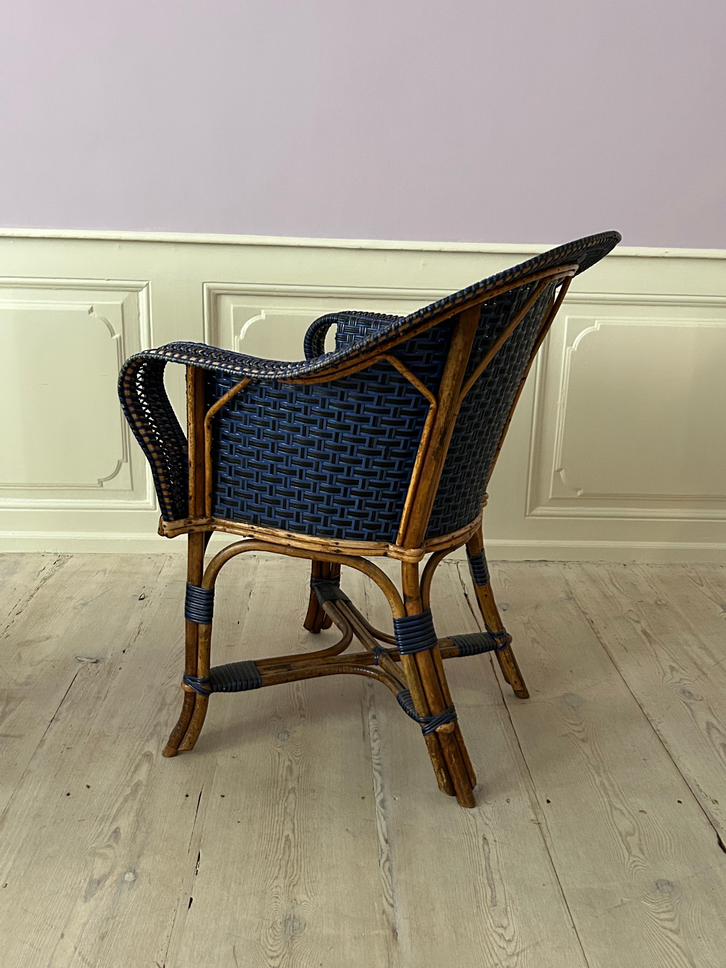 Vintage Pair of Armchairs in Blue and Black Rattan, France, Early 20th Century For Sale 7