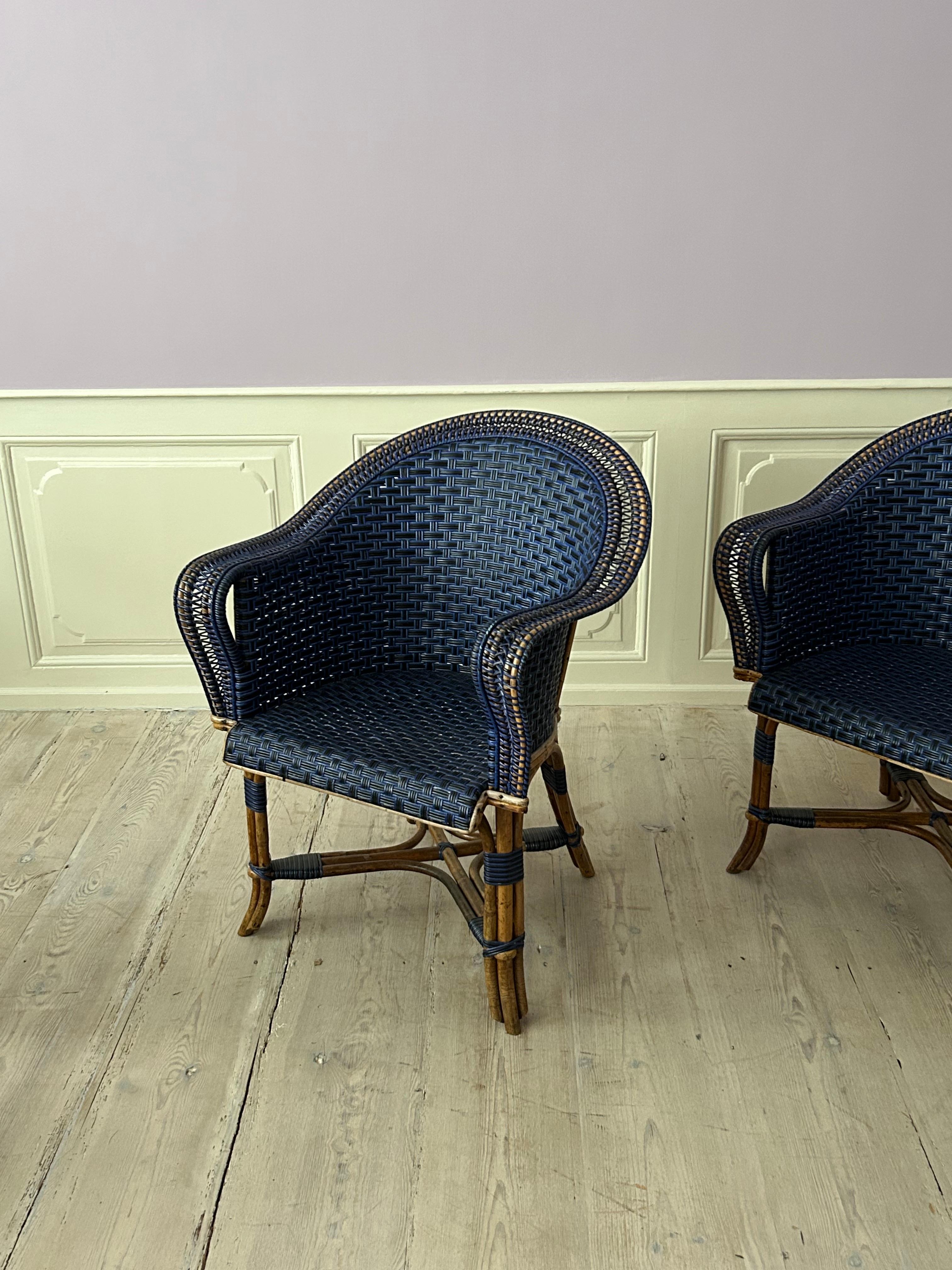 Vintage Pair of Armchairs in Blue and Black Rattan, France, Early 20th Century For Sale 2
