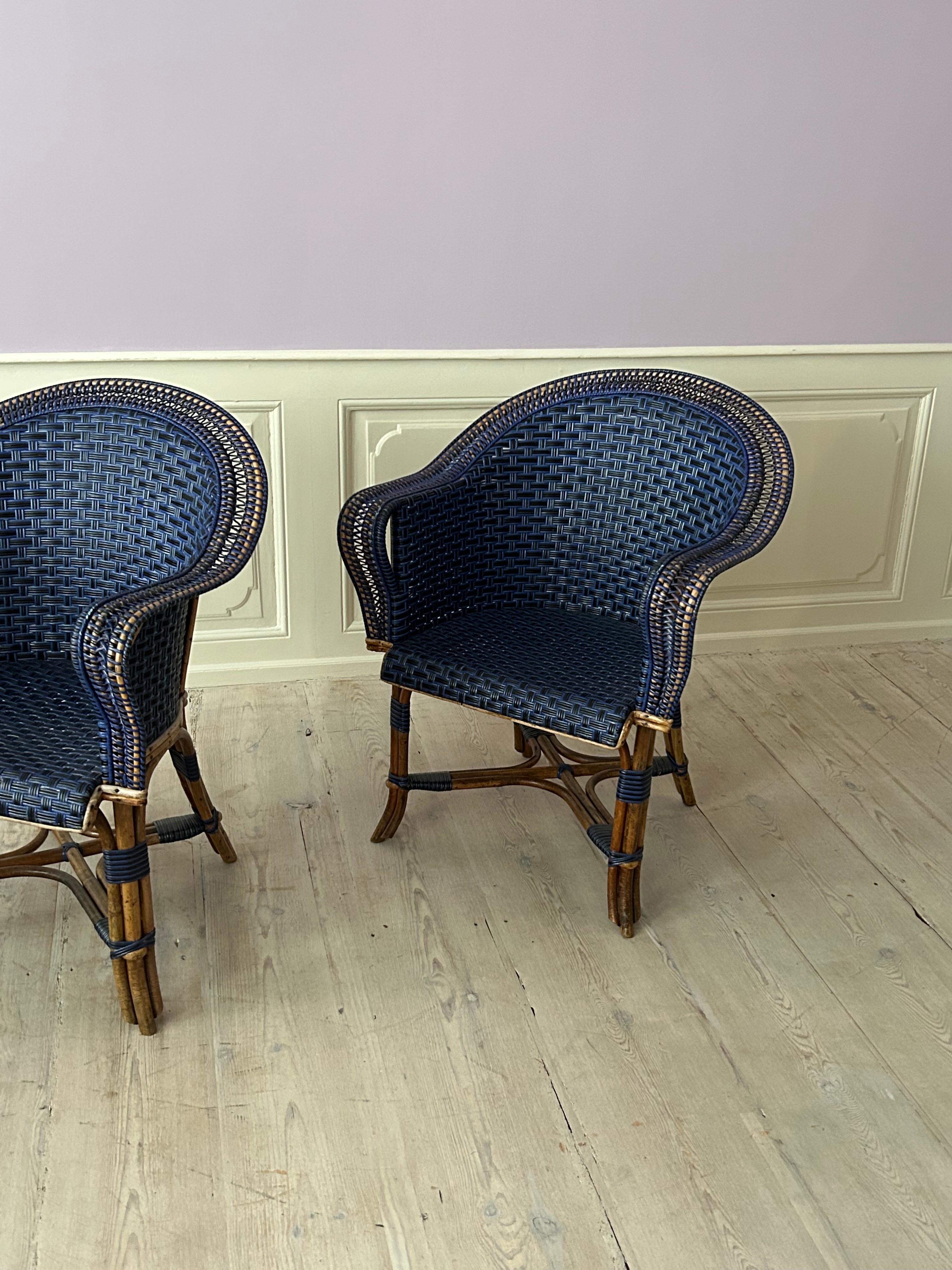 Vintage Pair of Armchairs in Blue and Black Rattan, France, Early 20th Century For Sale 3