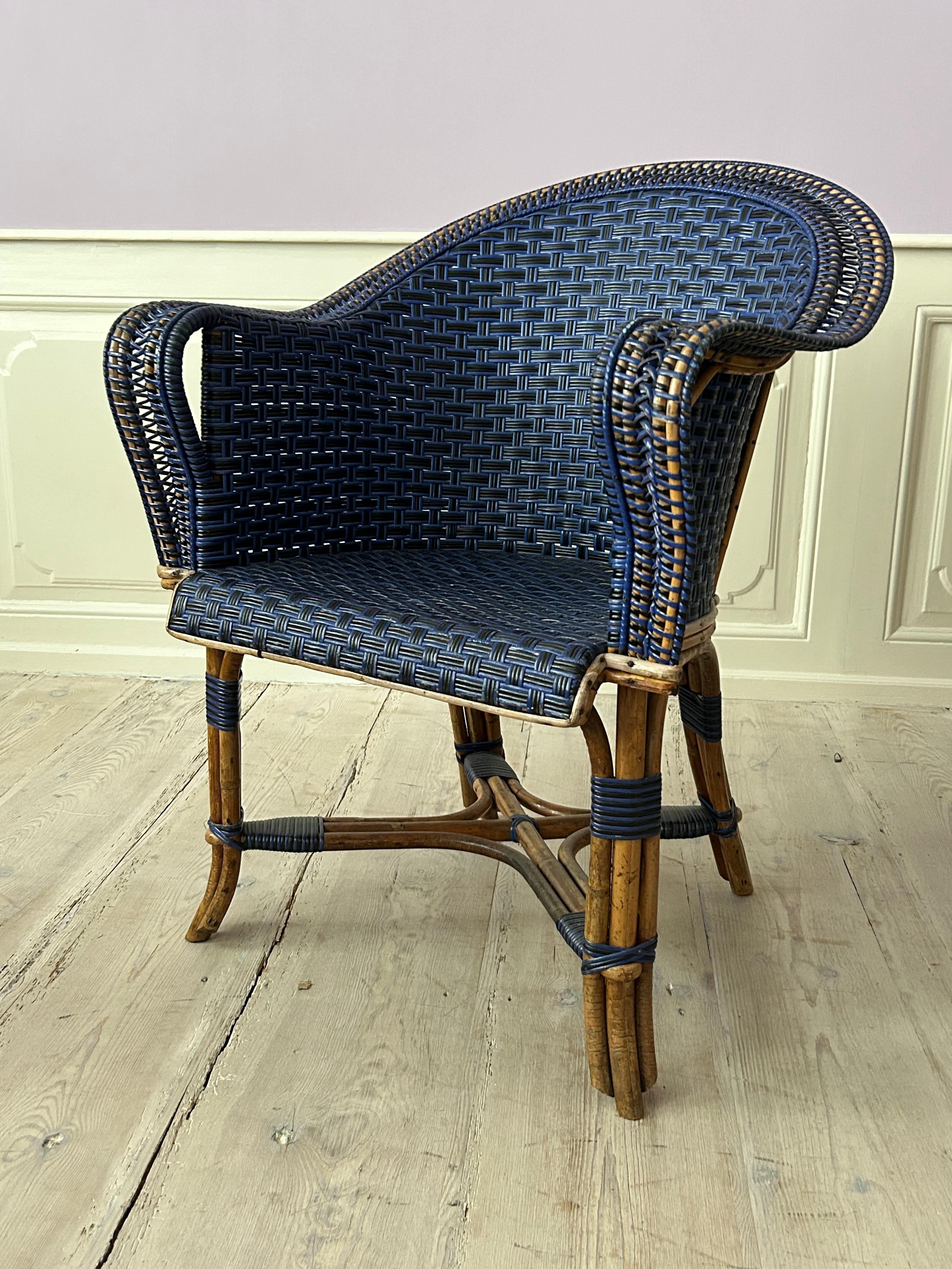 Vintage Pair of Armchairs in Blue and Black Rattan, France, Early 20th Century For Sale 4