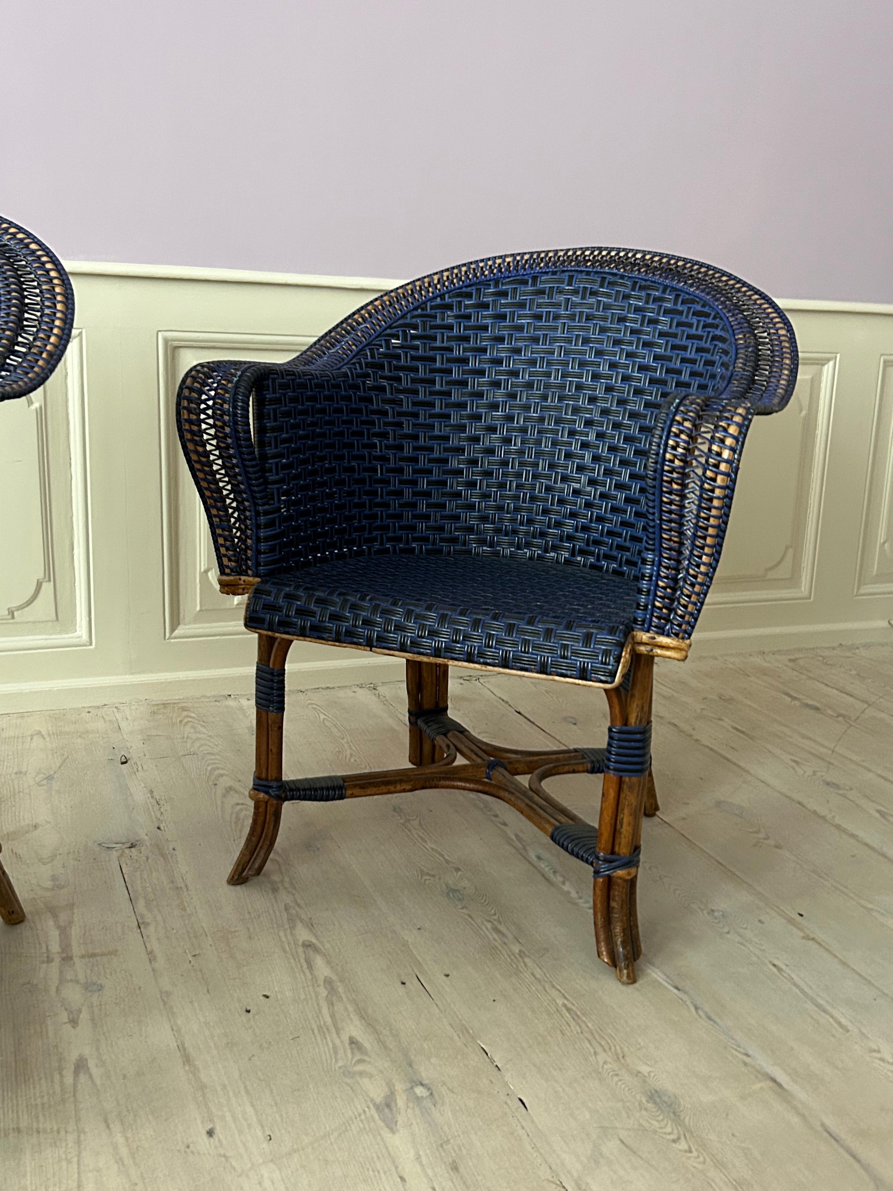 Vintage Pair of Armchairs in Blue and Black Rattan, France, Early 20th Century For Sale 5