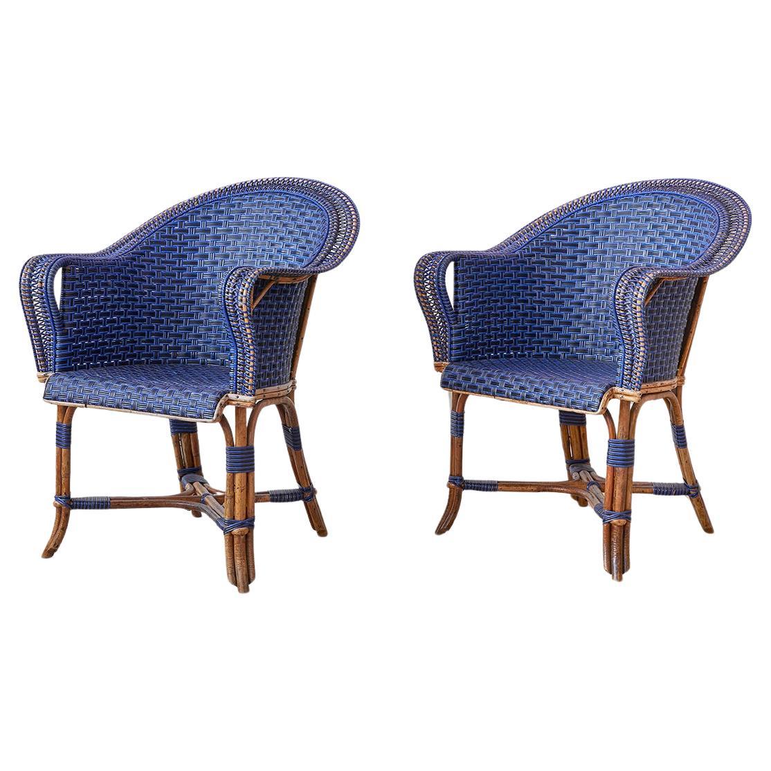 Vintage Pair of Armchairs in Blue and Black Rattan, France, Early 20th Century