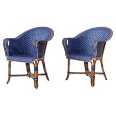 Antique Pair of Armchairs in Blue and Black Rattan, France, Early 20th Century